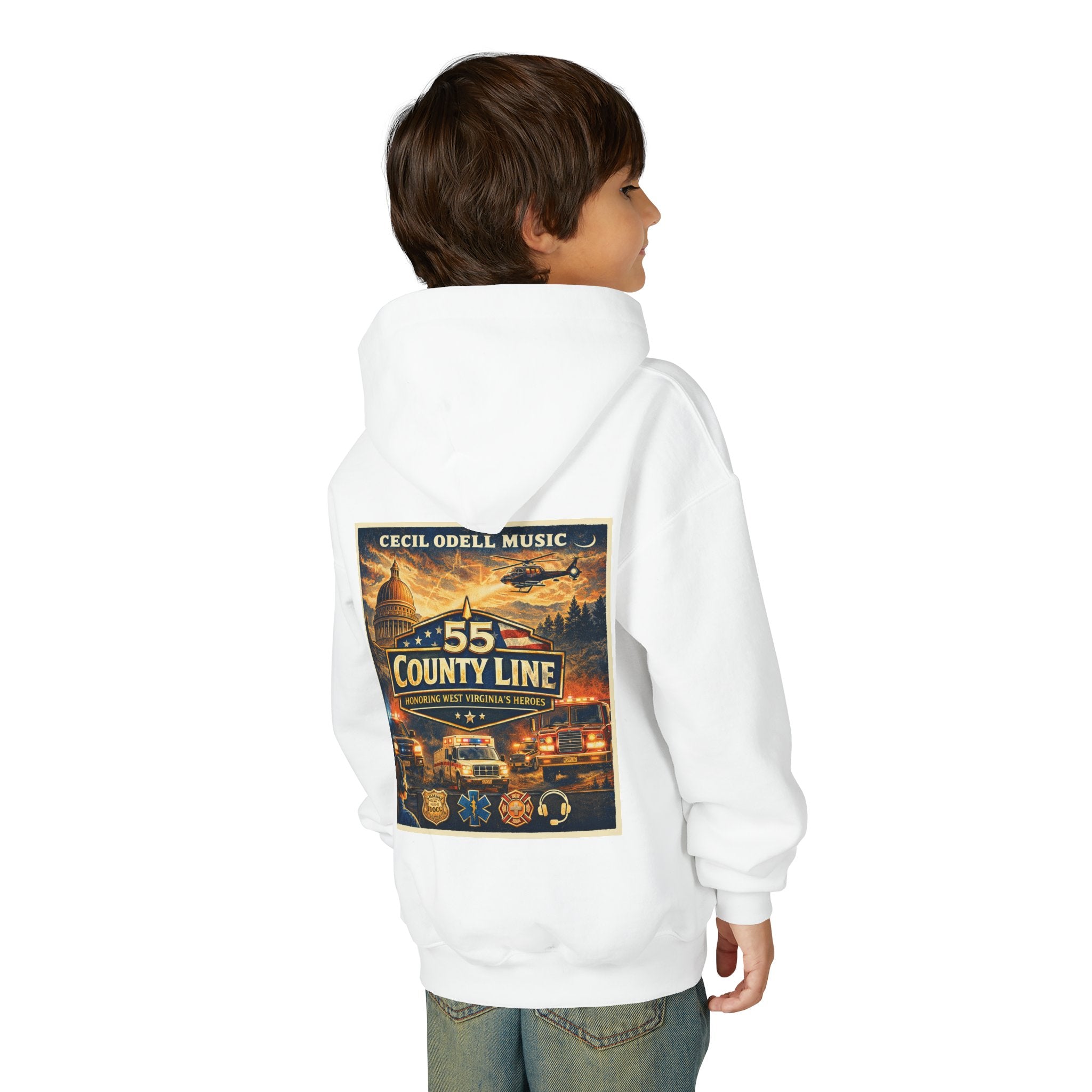 West Virginia Line '55 County Line' Youth Hoodie - Vintage State Music Railroad Design