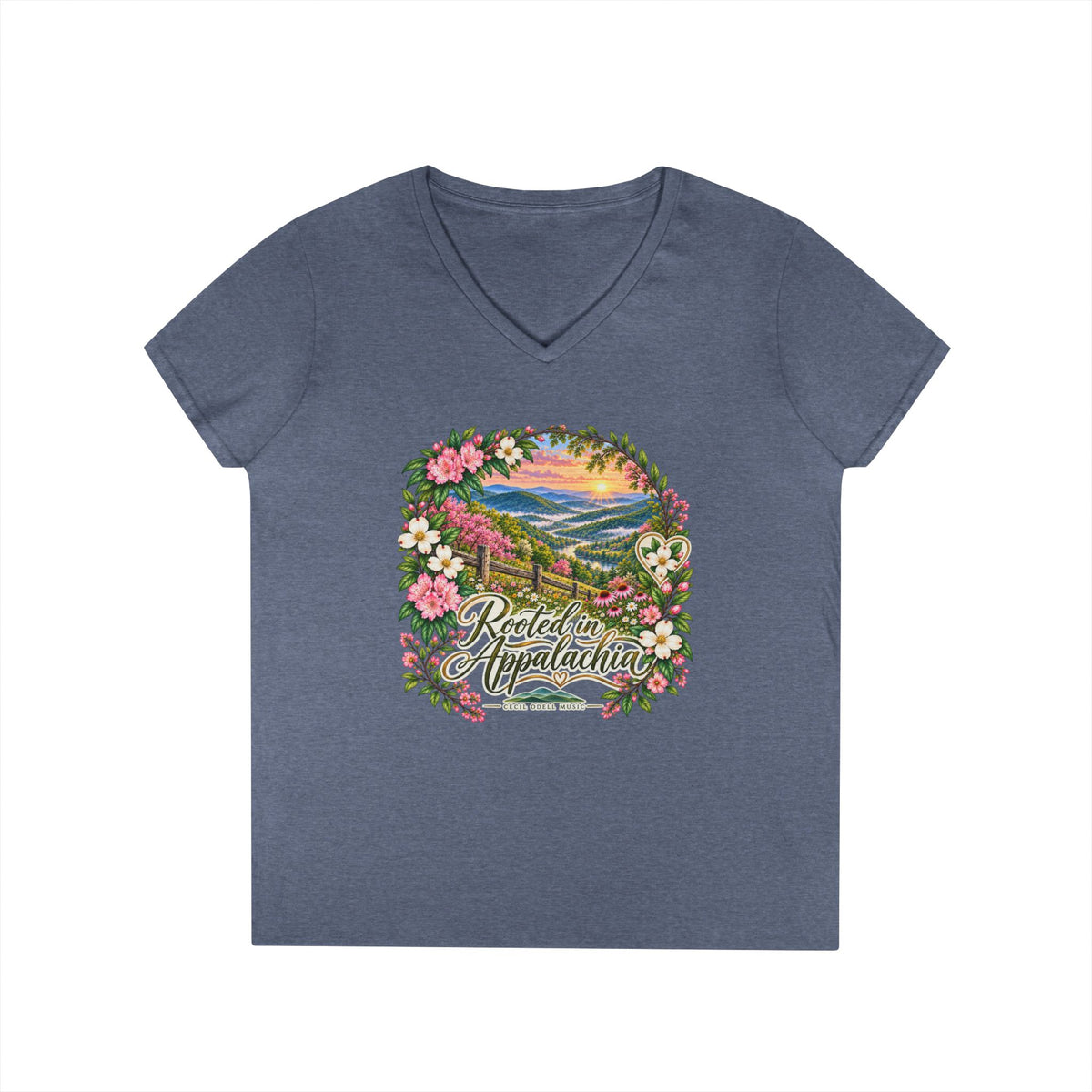 Rooted in Appalachia V-Neck T-Shirt — Scenic Mountain Floral Graphic