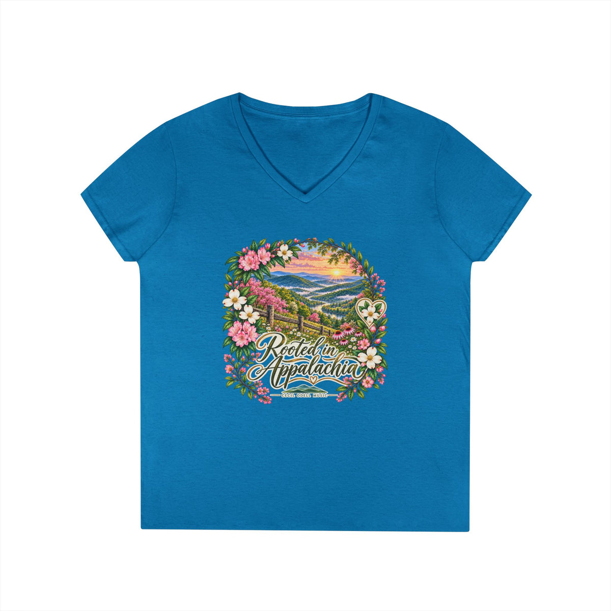 Rooted in Appalachia V-Neck T-Shirt — Scenic Mountain Floral Graphic