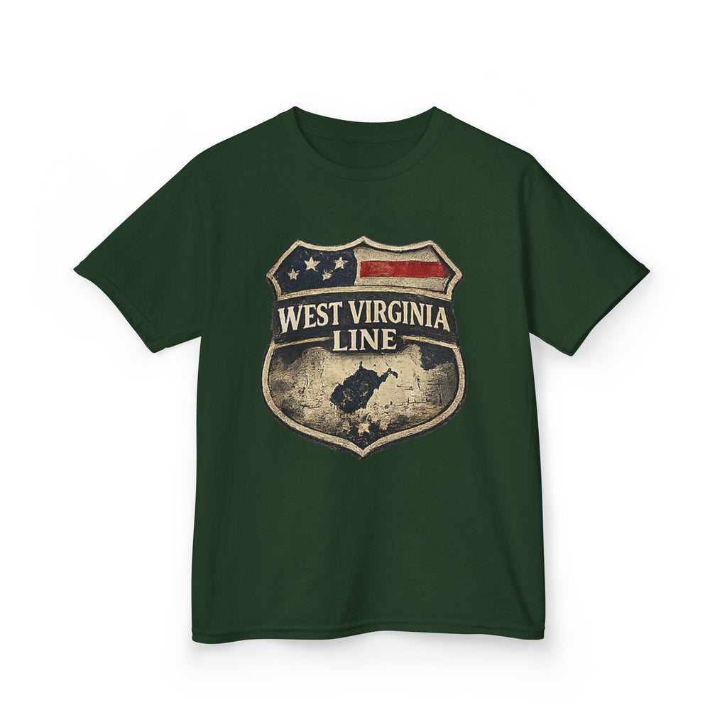 Kids T‑Shirt: Vintage West Virginia Line Badge with Eagle & American Flag