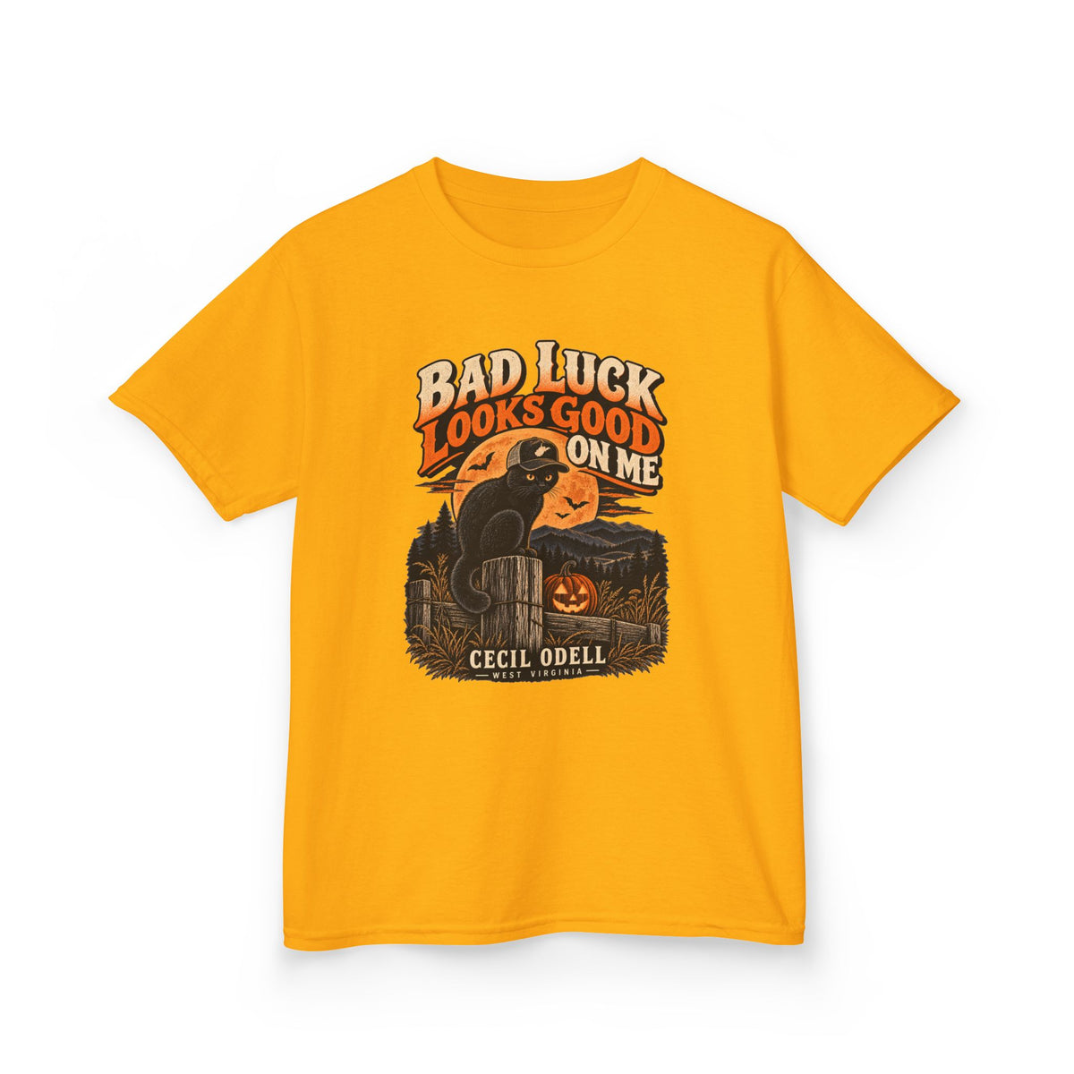 Bad Luck Looks Good on Me Kids Halloween Tee | Cecil Odell