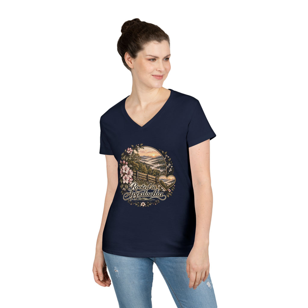 Rooted in Appalachia Ladies' V-Neck T-Shirt – Rustic Mountain Floral Tee