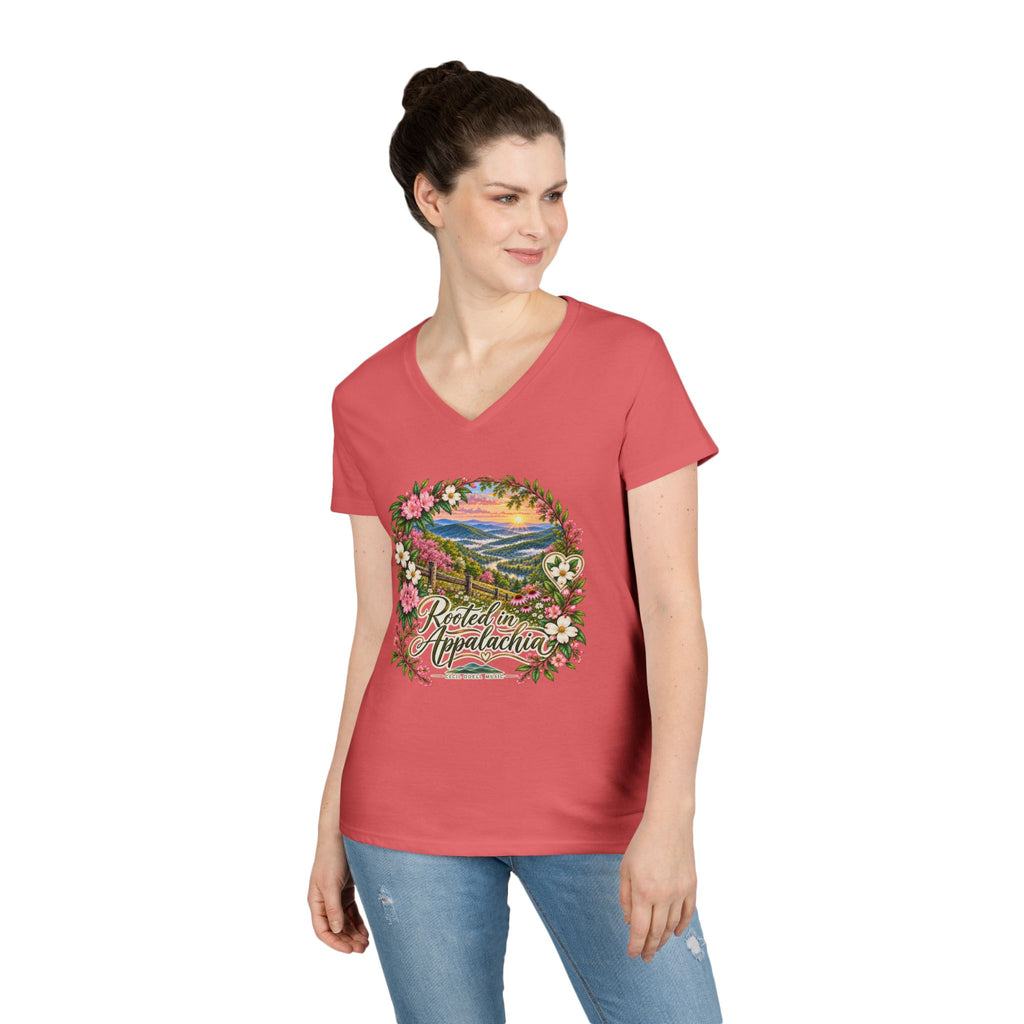 Rooted in Appalachia V-Neck T-Shirt — Scenic Mountain Floral Graphic