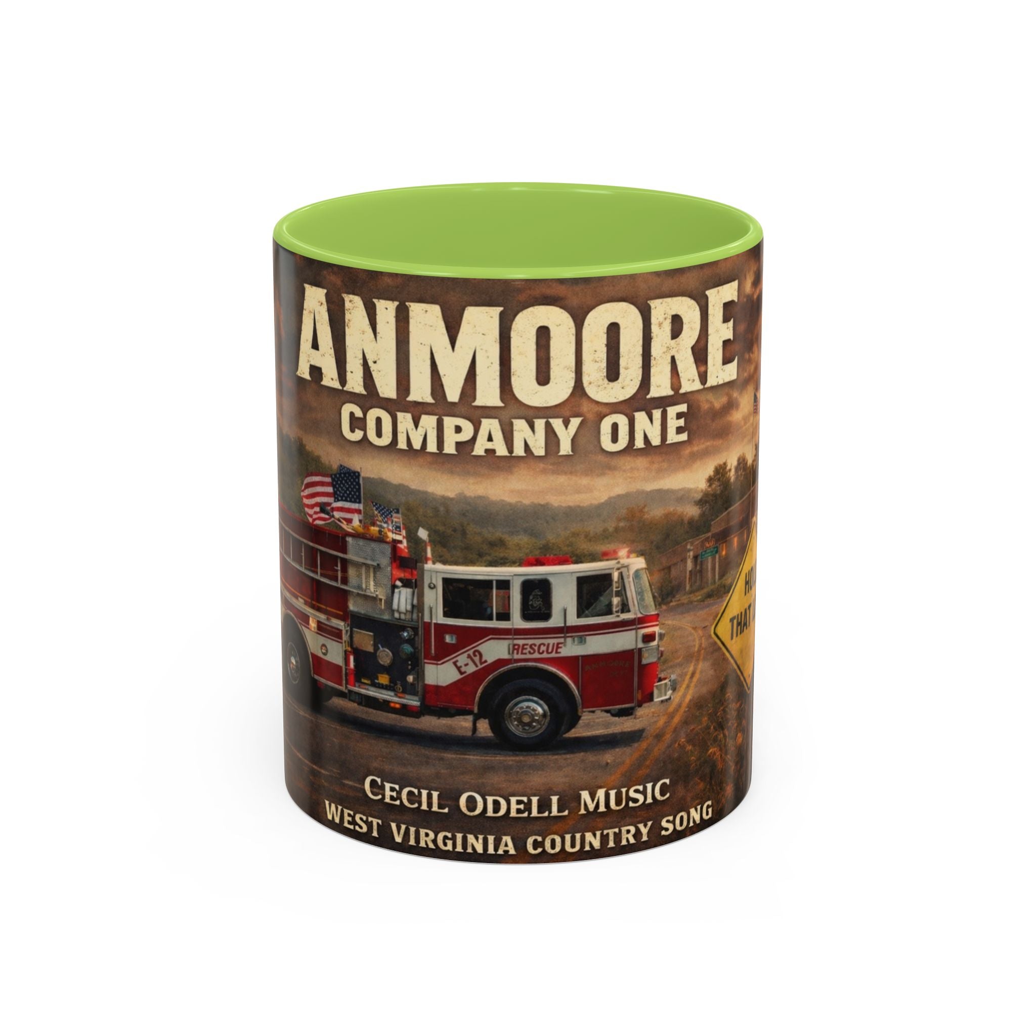 Anmoore Company One Firetruck Accent Coffee Mug – 'Hold That Line' West Virginia Country Music Tribute