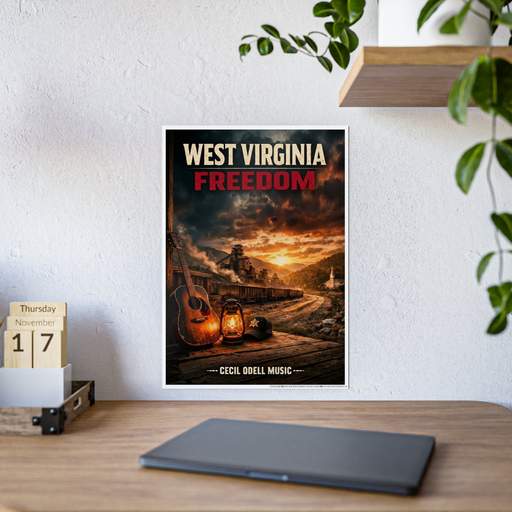 West Virginia Freedom Poster: Rustic Music & Mountain Landscape Print