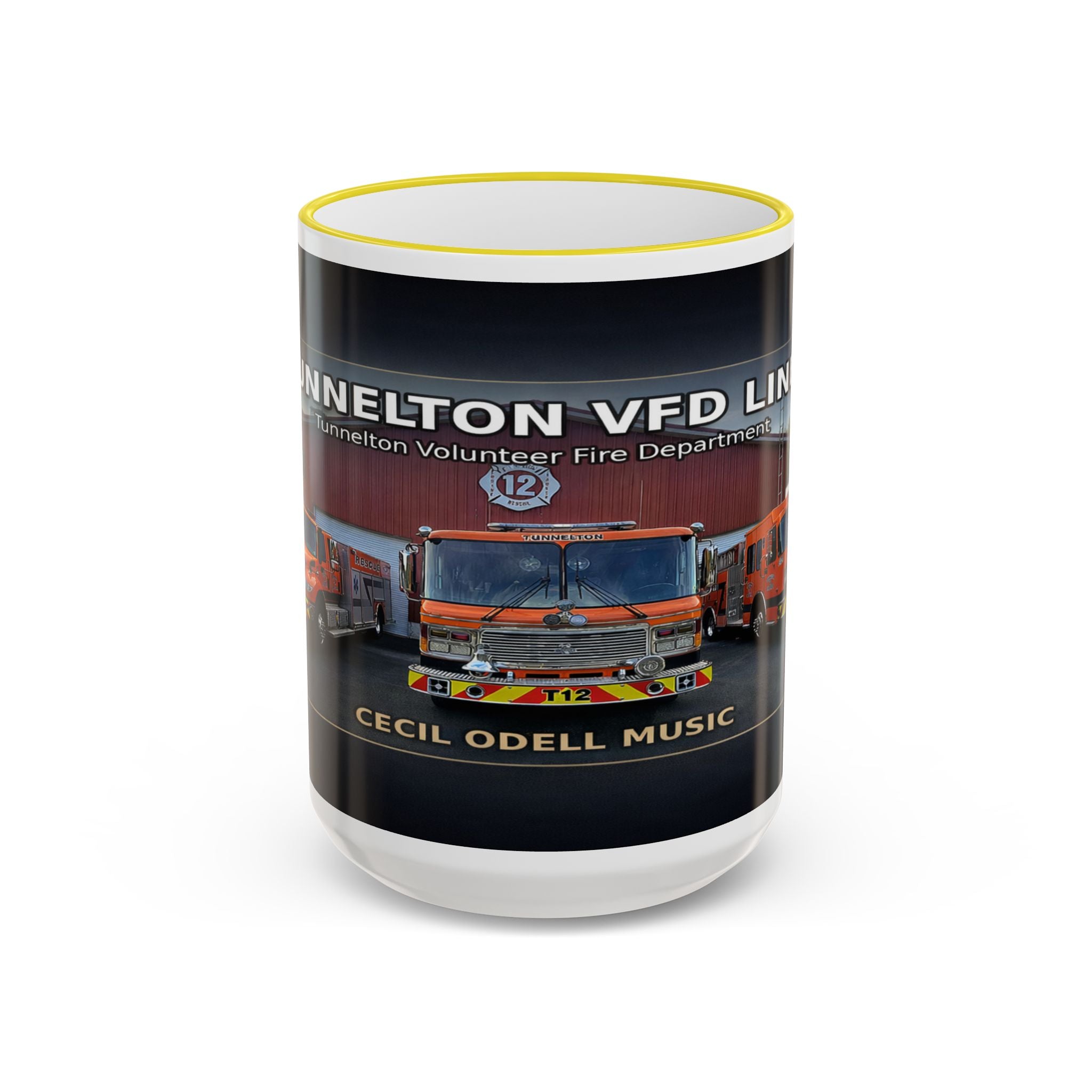 Fire Truck Photo Accent Rim Mug: "Cecil Odell Music" Volunteer Fire Department Tribute (11oz/15oz)