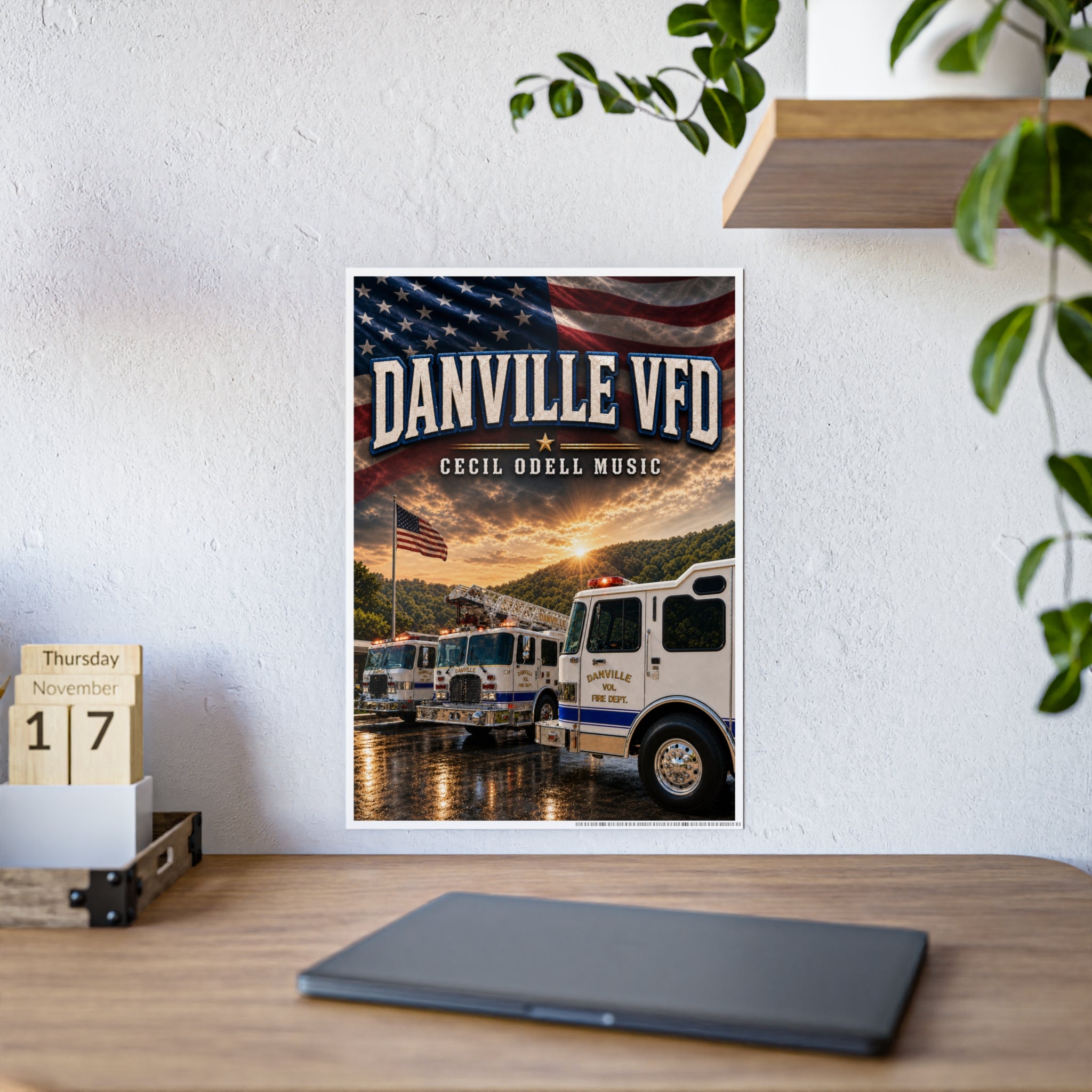 Danville VFD Fire Truck Gloss Poster: American Flag Memorial Wall Art