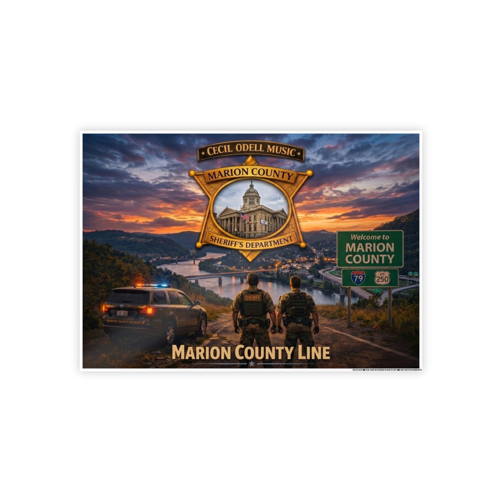 Marion County Line Police Badge Gloss Poster: Sheriff Dept. Scenic Sunset Print