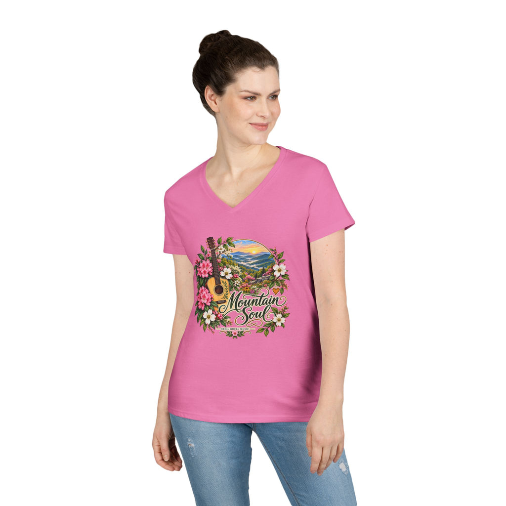Mountain Soul V-Neck Tee — Floral Guitar Scenic Women's T-Shirt