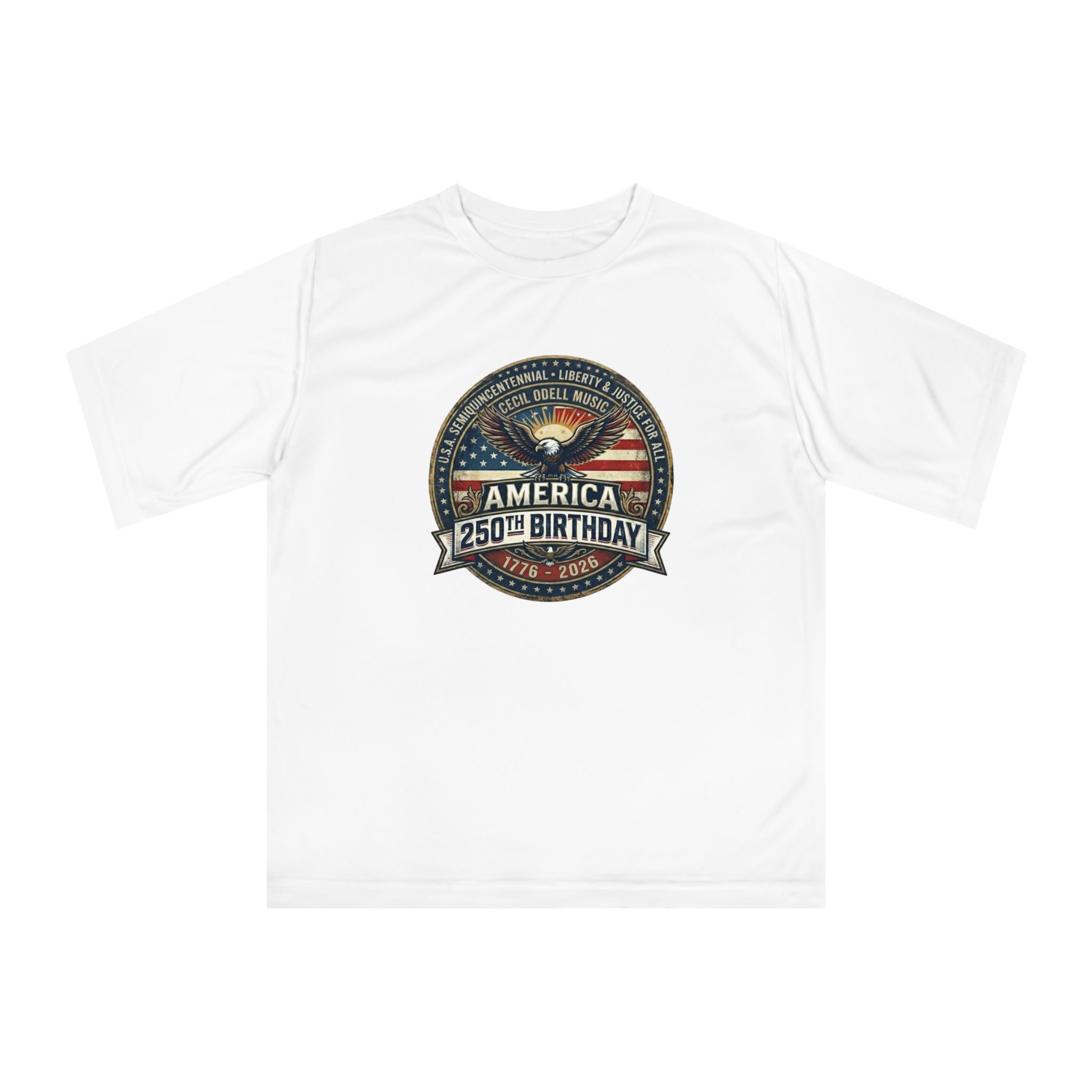 America 250th Birthday Performance T-Shirt — Patriotic Eagle & Badge Tribute