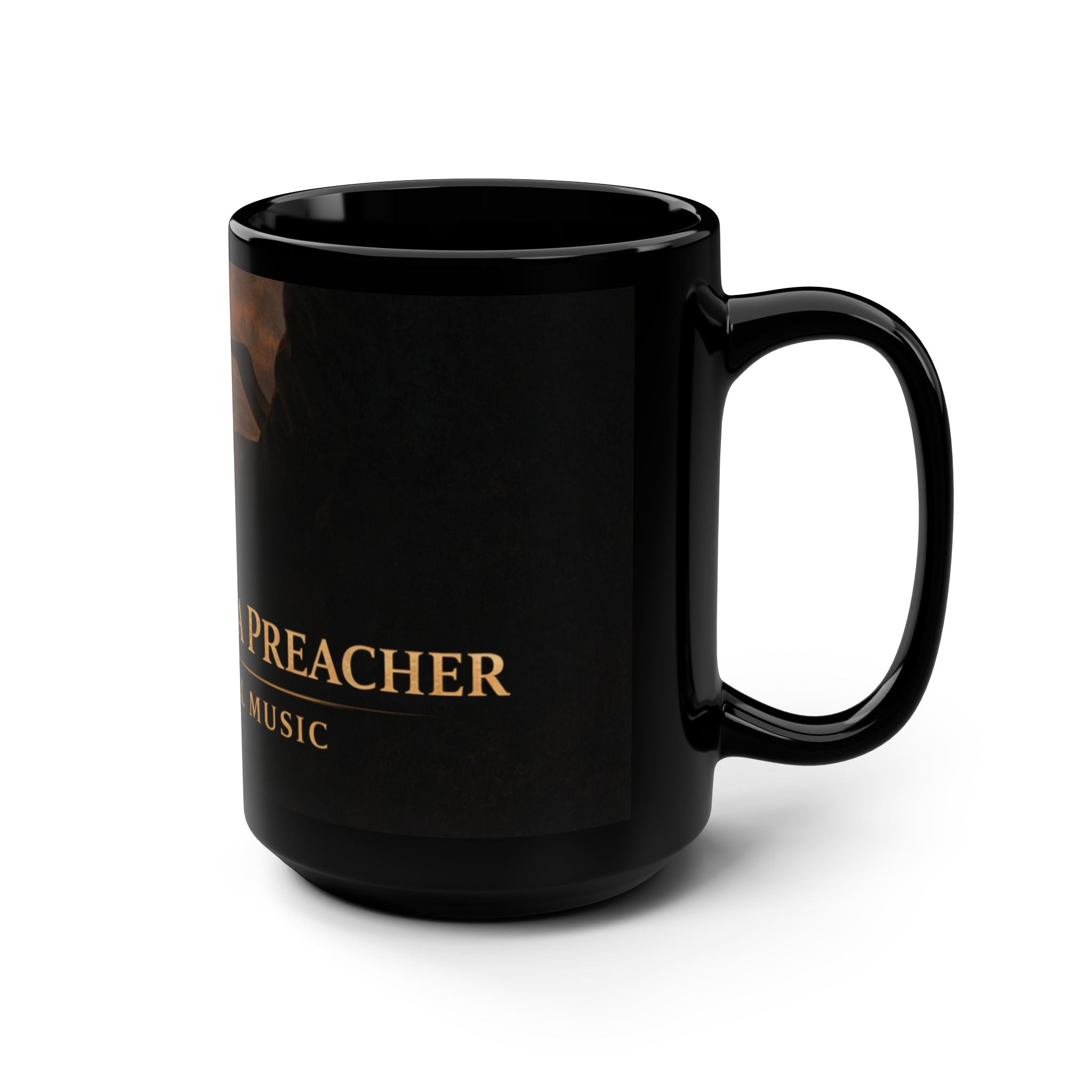 Black 15oz Ceramic Mug — West Virginia Preacher Design with Open Bible & Gold Text