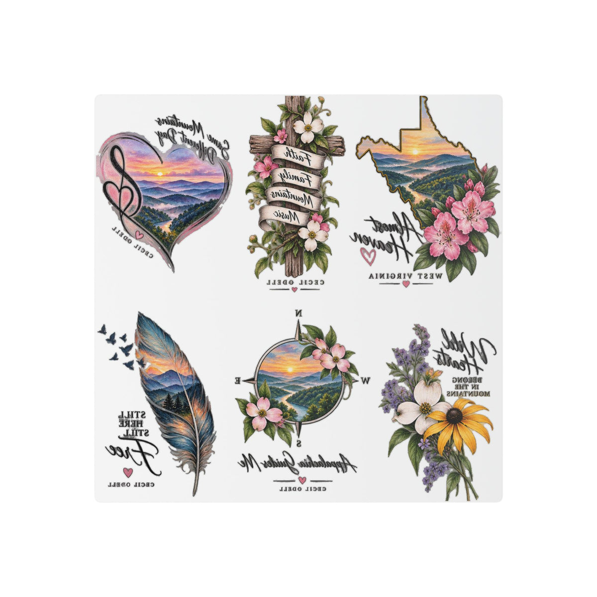 Nature Sunset Temporary Tattoos — Floral, Feather & State Silhouette Designs