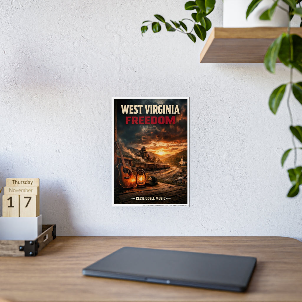 West Virginia Freedom Poster: Rustic Music & Mountain Landscape Print