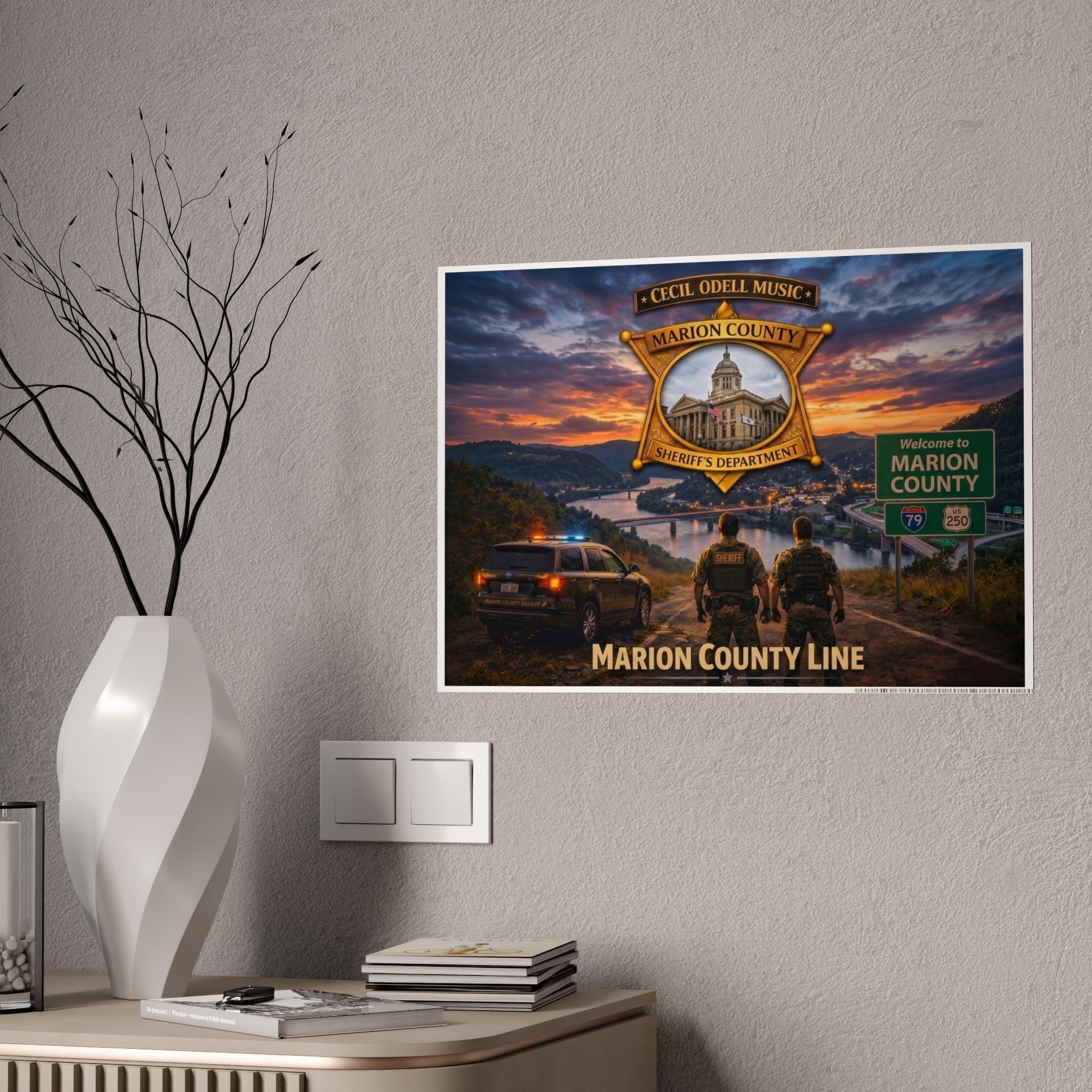 Marion County Line Police Badge Gloss Poster: Sheriff Dept. Scenic Sunset Print