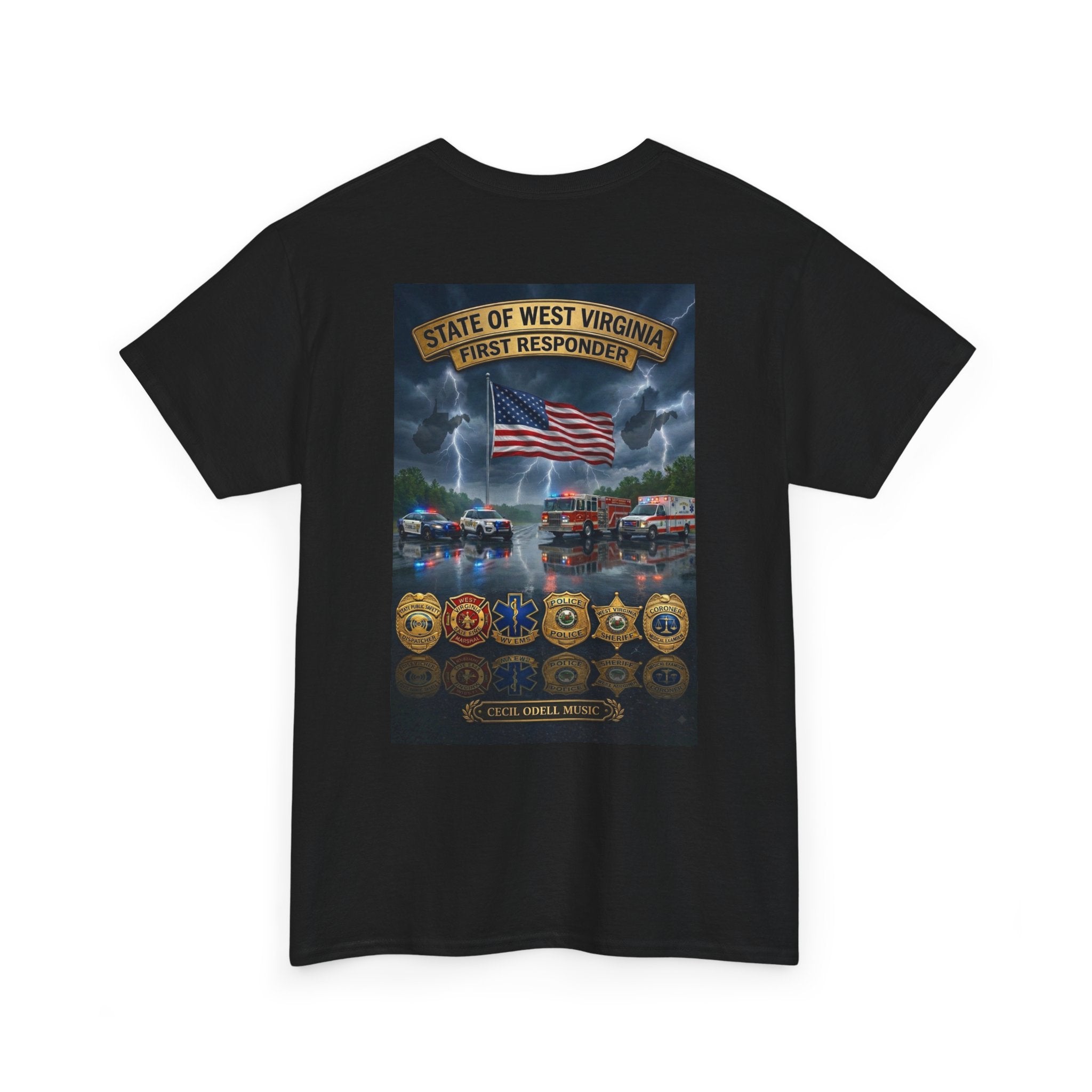 West Virginia First Responders Tribute Tee: State Emblem & American Flag Memorial Shirt