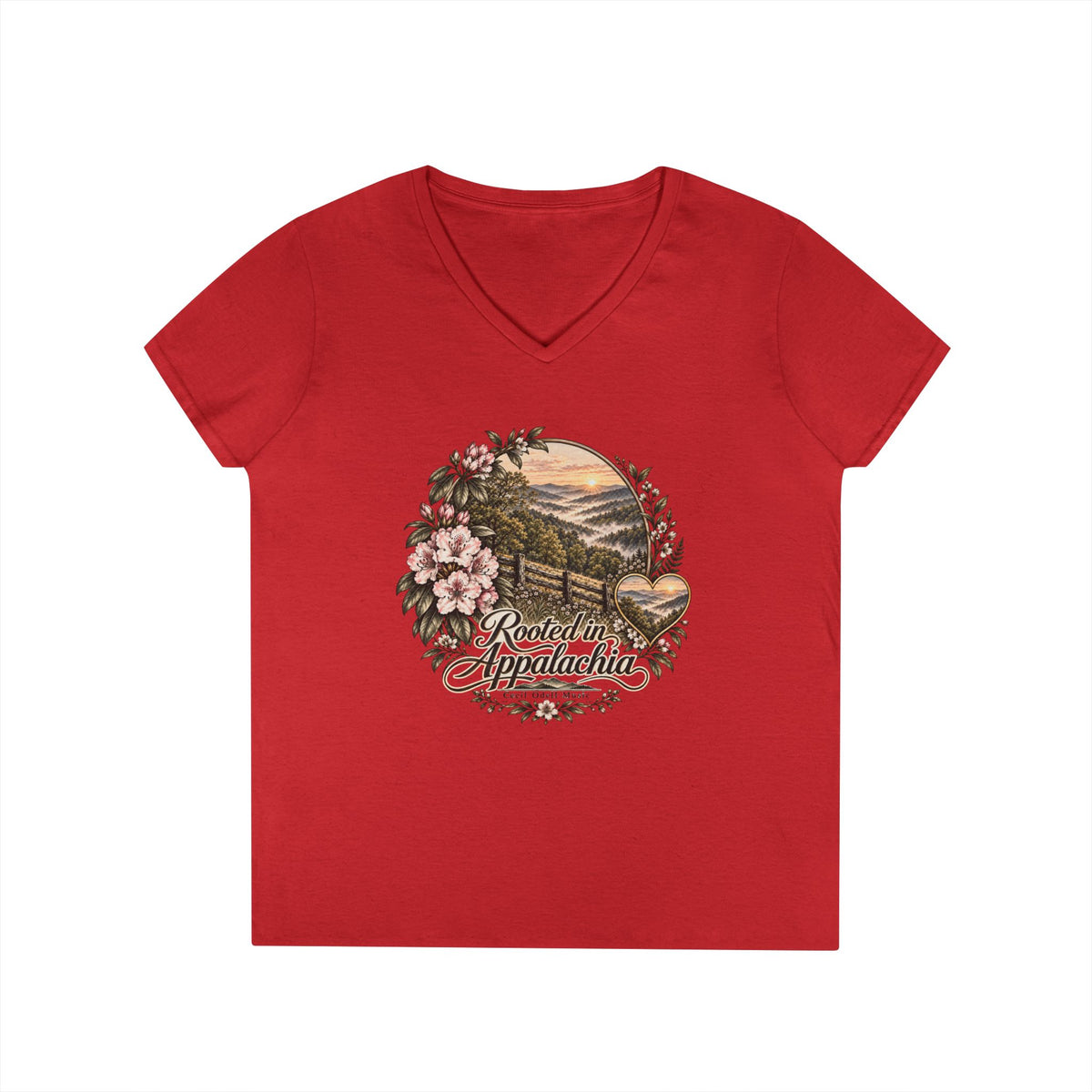 Rooted in Appalachia Ladies' V-Neck T-Shirt – Rustic Mountain Floral Tee