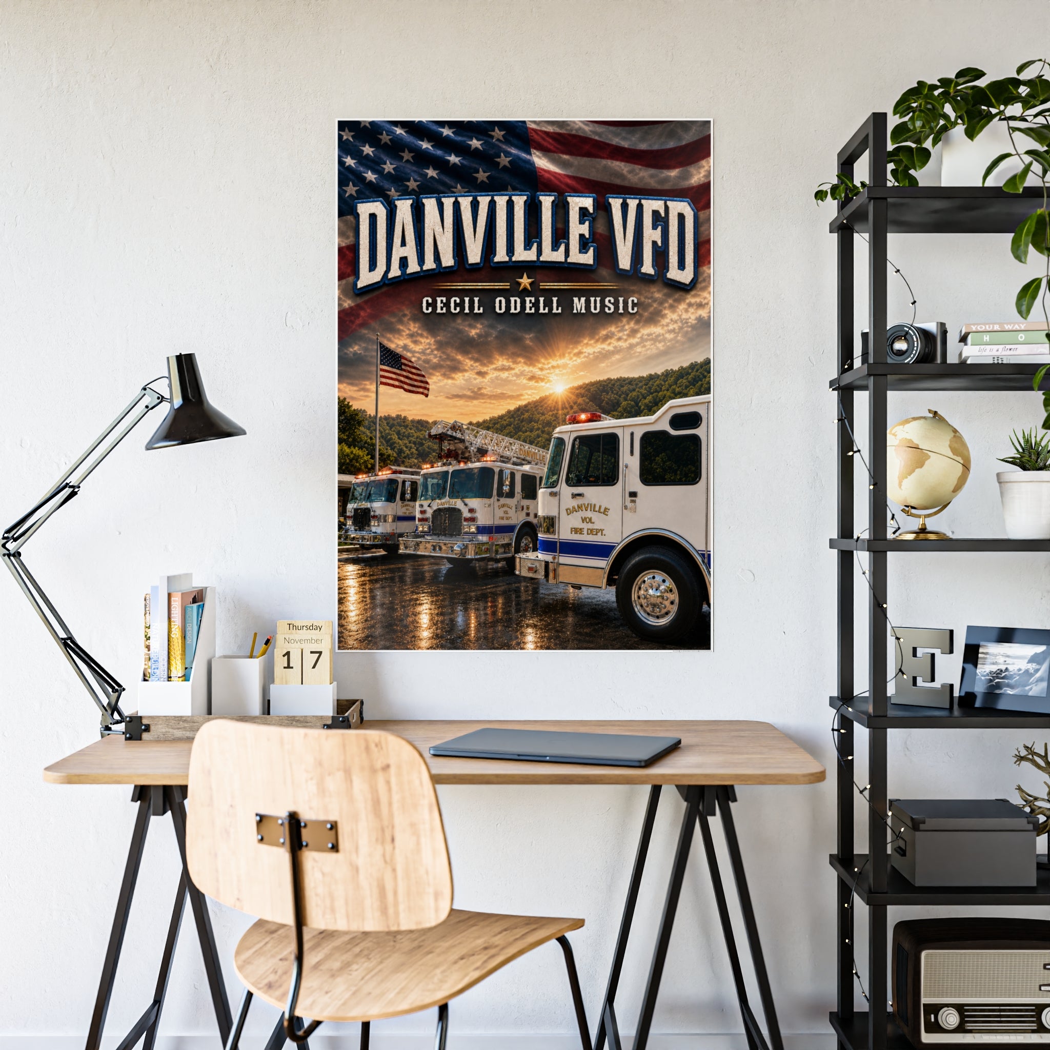 Danville VFD Fire Truck Gloss Poster: American Flag Memorial Wall Art