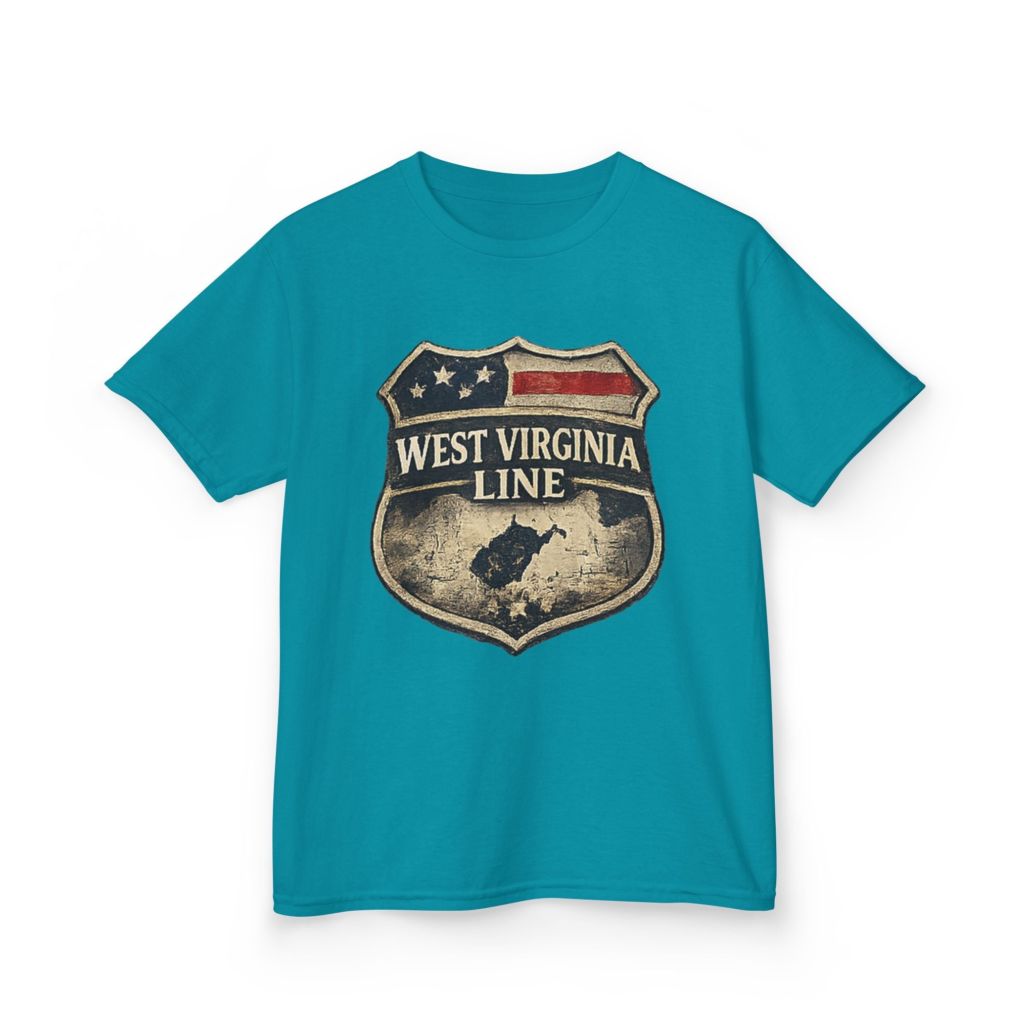 Kids T‑Shirt: Vintage West Virginia Line Badge with Eagle & American Flag