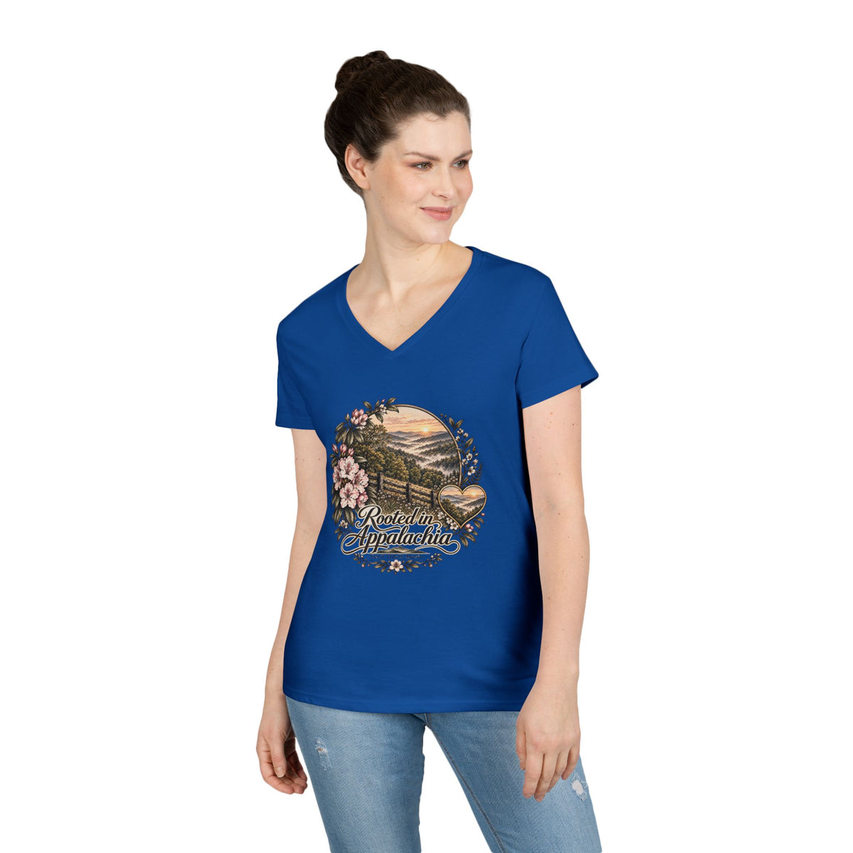 Rooted in Appalachia Ladies' V-Neck T-Shirt – Rustic Mountain Floral Tee