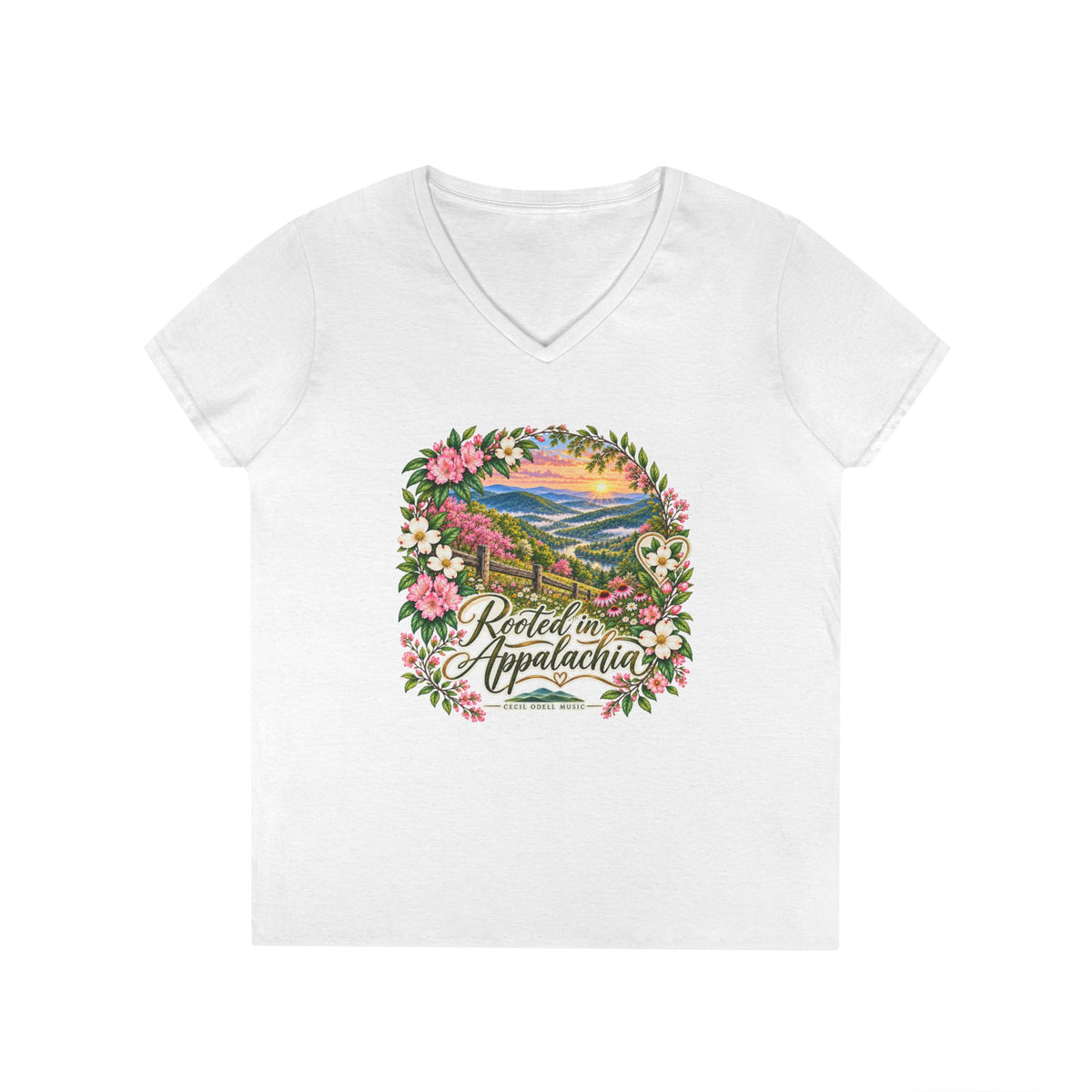 Rooted in Appalachia V-Neck T-Shirt — Scenic Mountain Floral Graphic