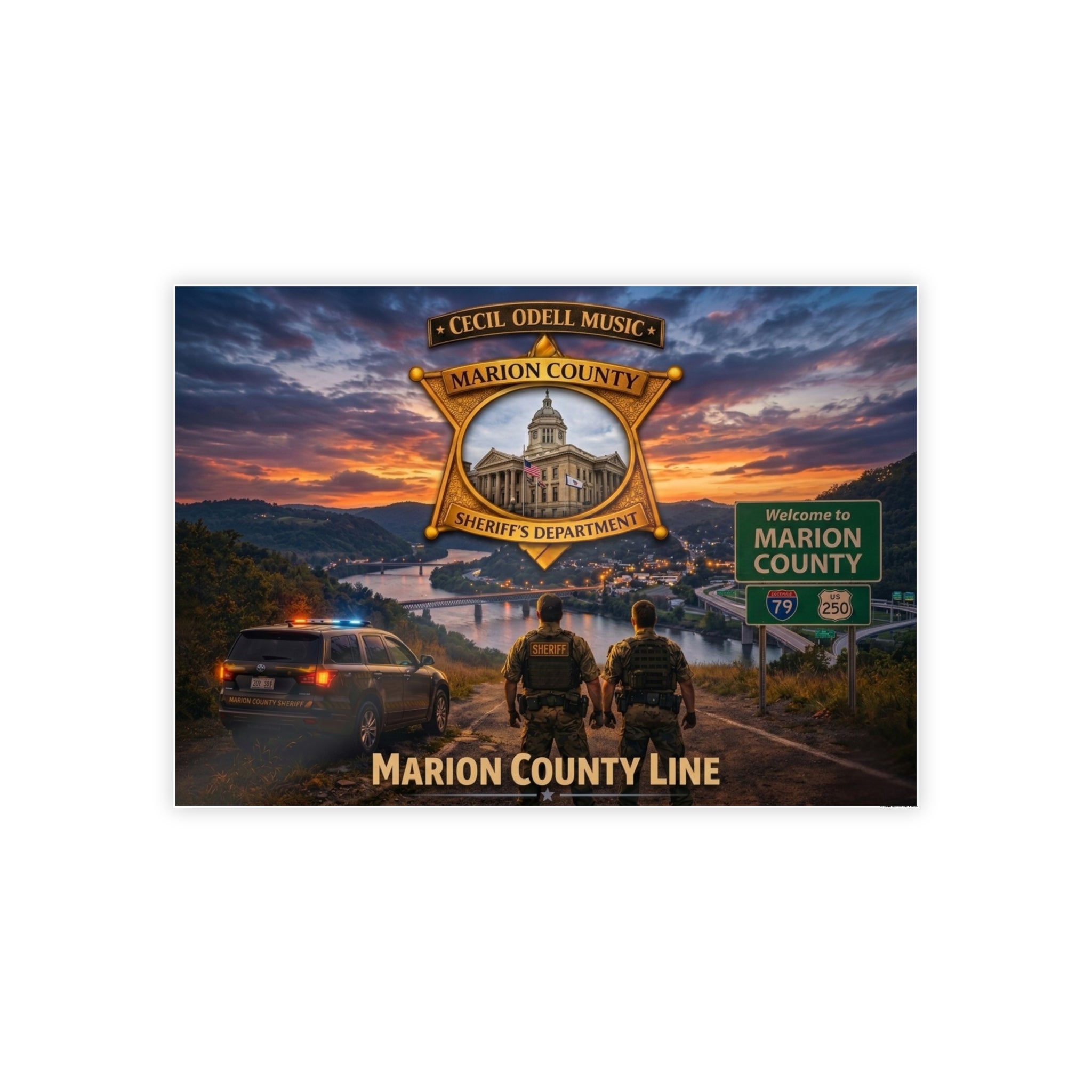 Marion County Line Police Badge Gloss Poster: Sheriff Dept. Scenic Sunset Print