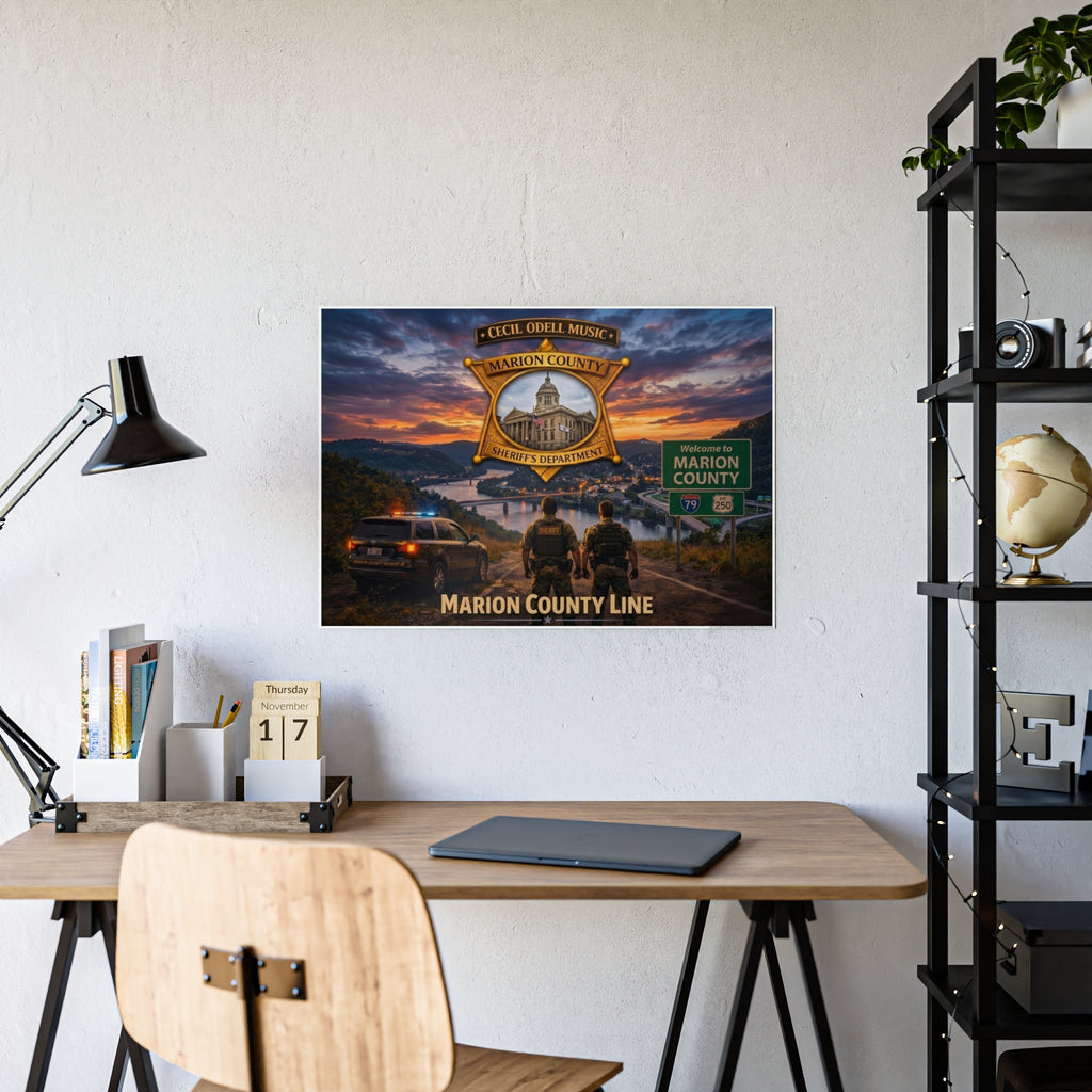 Marion County Line Police Badge Gloss Poster: Sheriff Dept. Scenic Sunset Print
