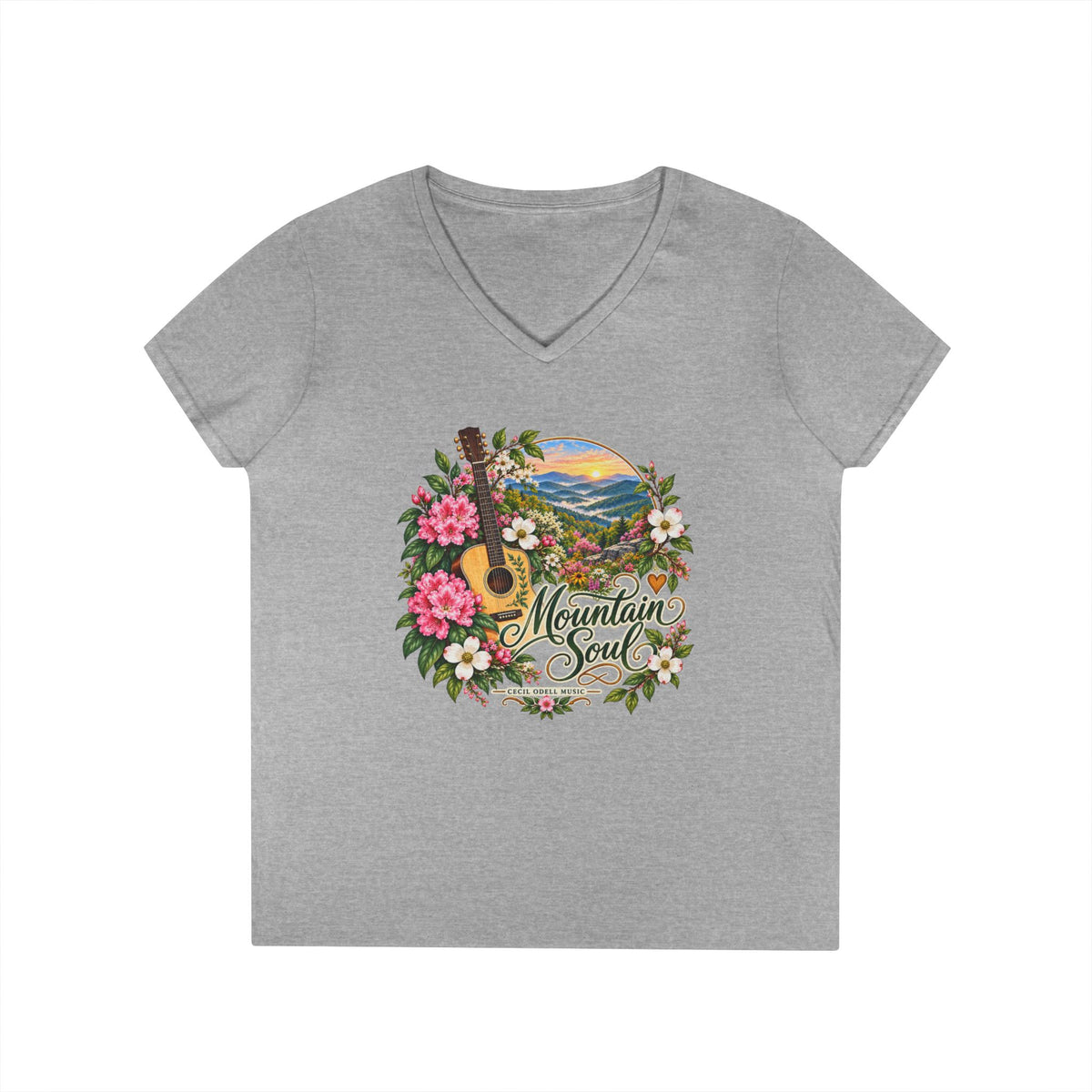 Mountain Soul V-Neck Tee — Floral Guitar Scenic Women's T-Shirt
