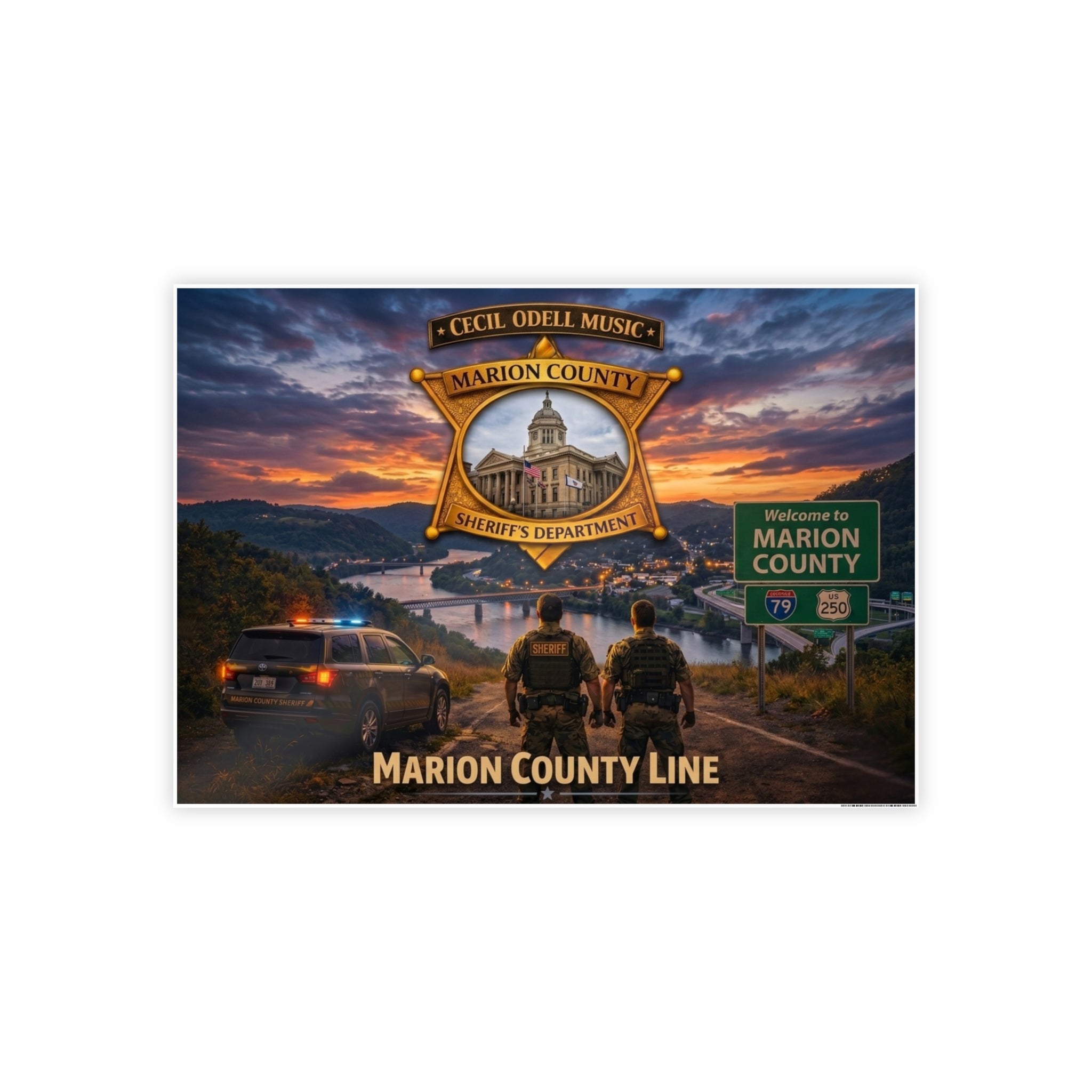 Marion County Line Police Badge Gloss Poster: Sheriff Dept. Scenic Sunset Print