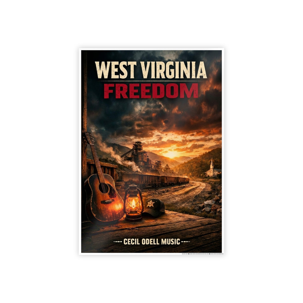 West Virginia Freedom Poster: Rustic Music & Mountain Landscape Print