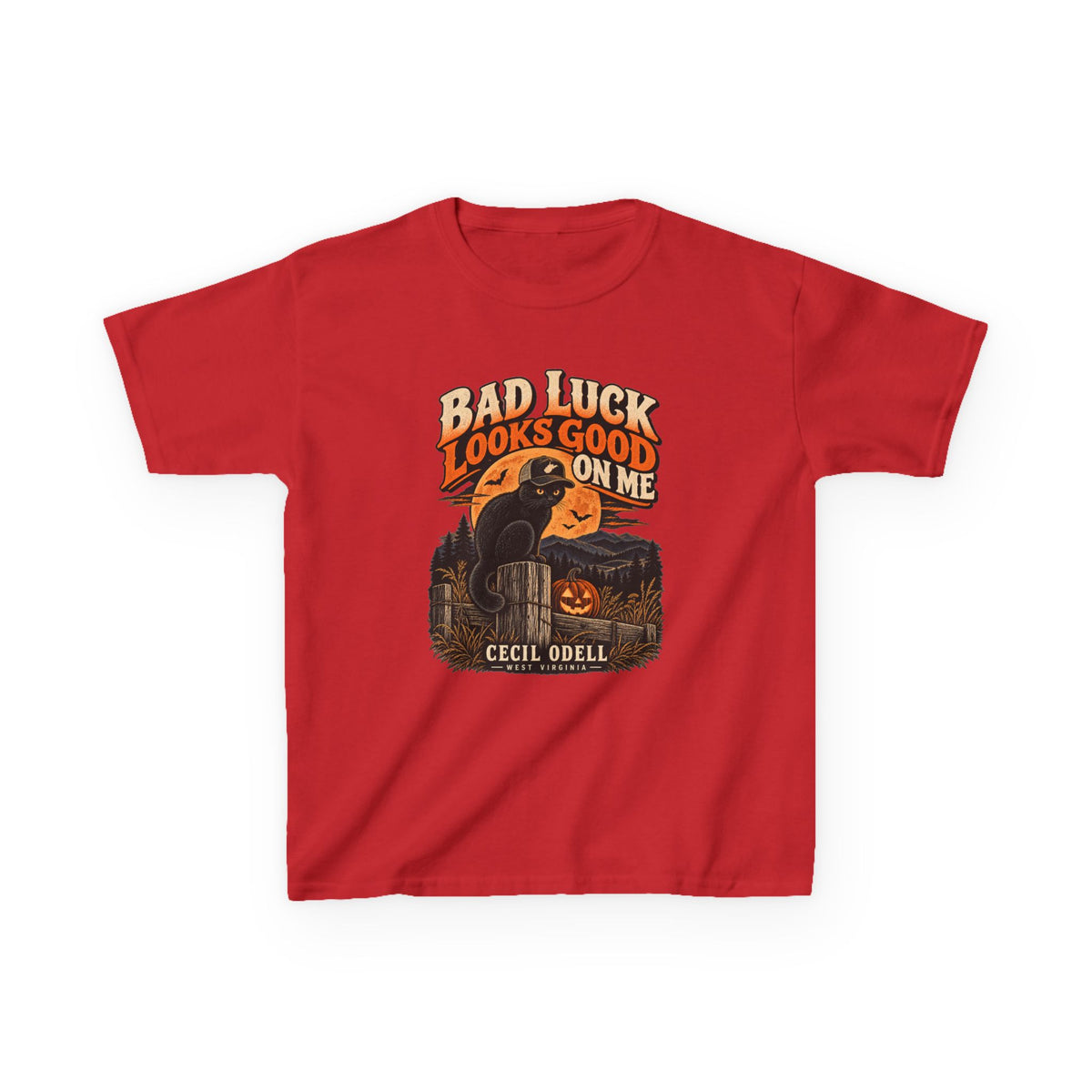 Bad Luck Looks Good on Me Kids Halloween Tee | Cecil Odell