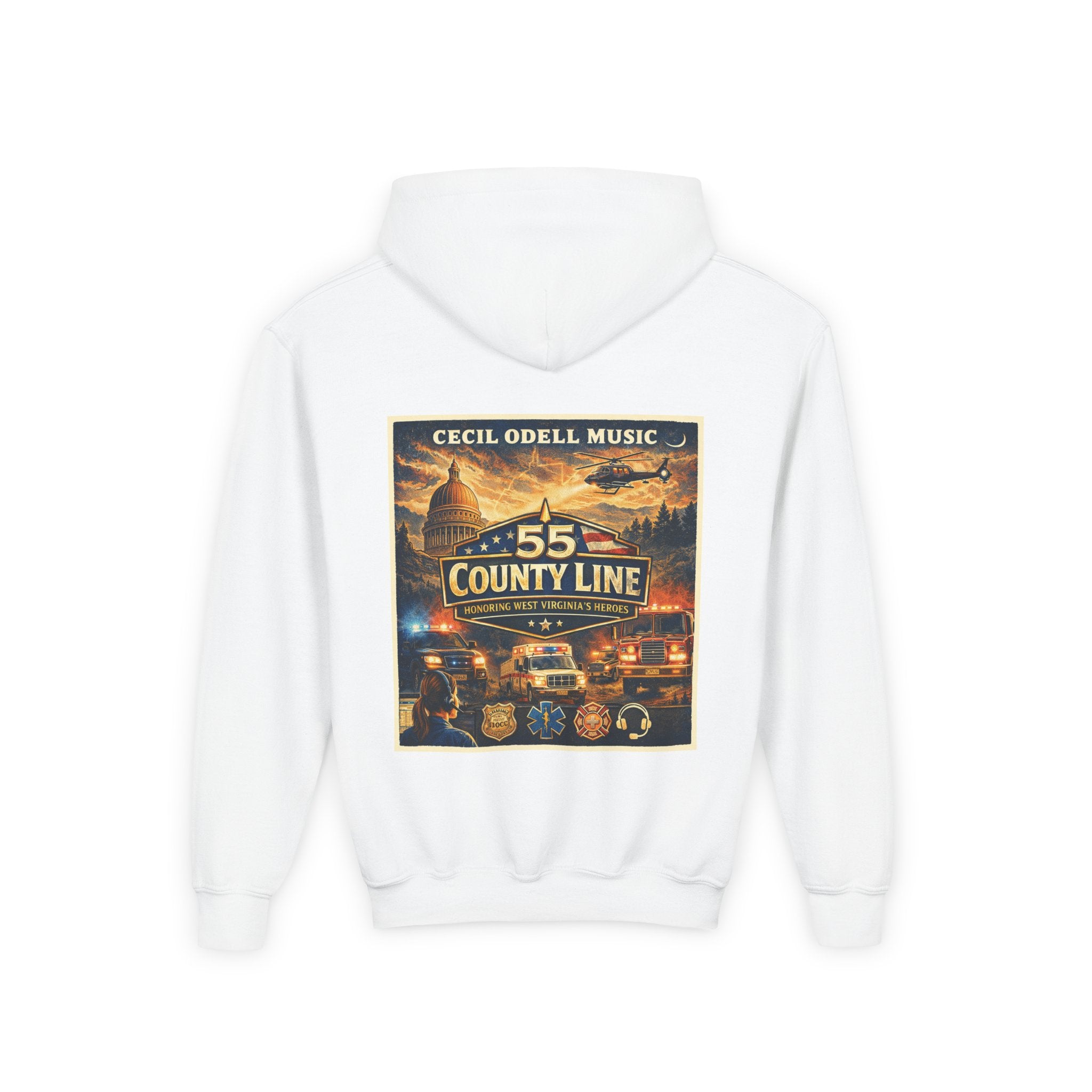 West Virginia Line '55 County Line' Youth Hoodie - Vintage State Music Railroad Design