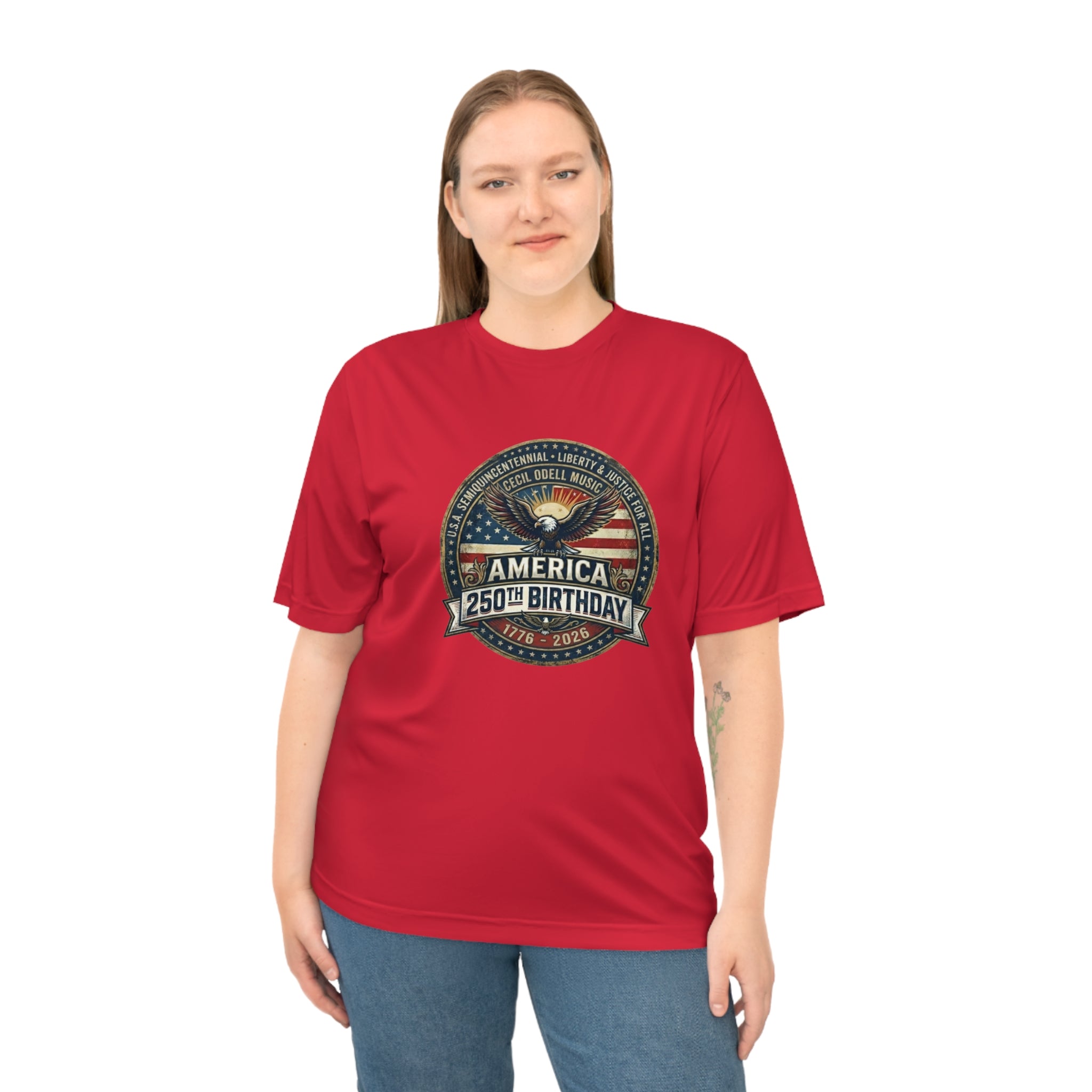 America 250th Birthday Performance T-Shirt: Patriotic Eagle & Badge Tribute