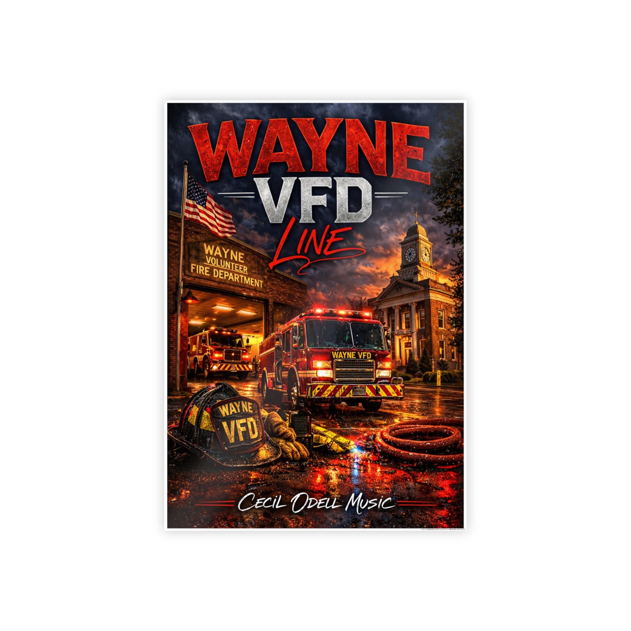 Wayne VFD Line Gloss Poster: Firefighter Station Art Print
