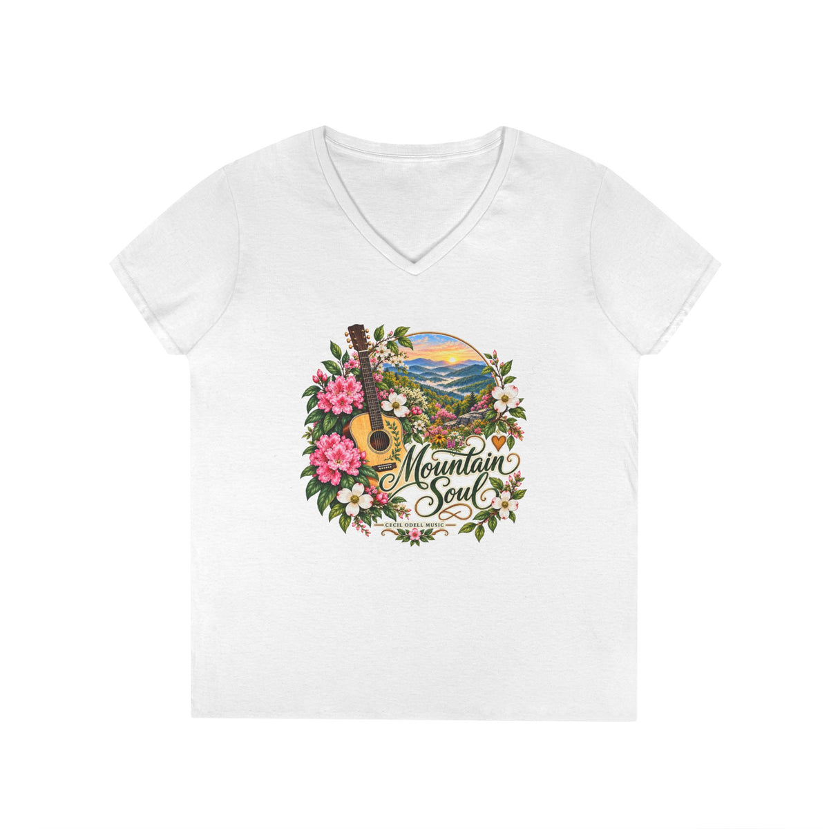 Mountain Soul V-Neck Tee — Floral Guitar Scenic Women's T-Shirt