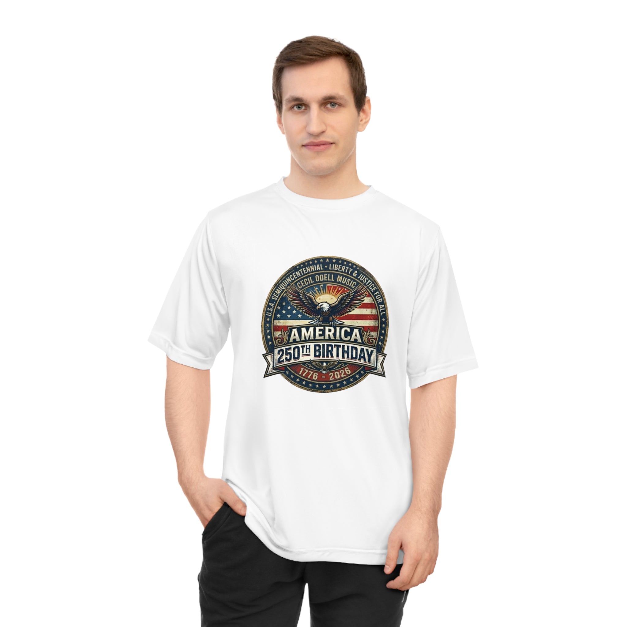 America 250th Birthday Performance T-Shirt — Patriotic Eagle & Badge Tribute