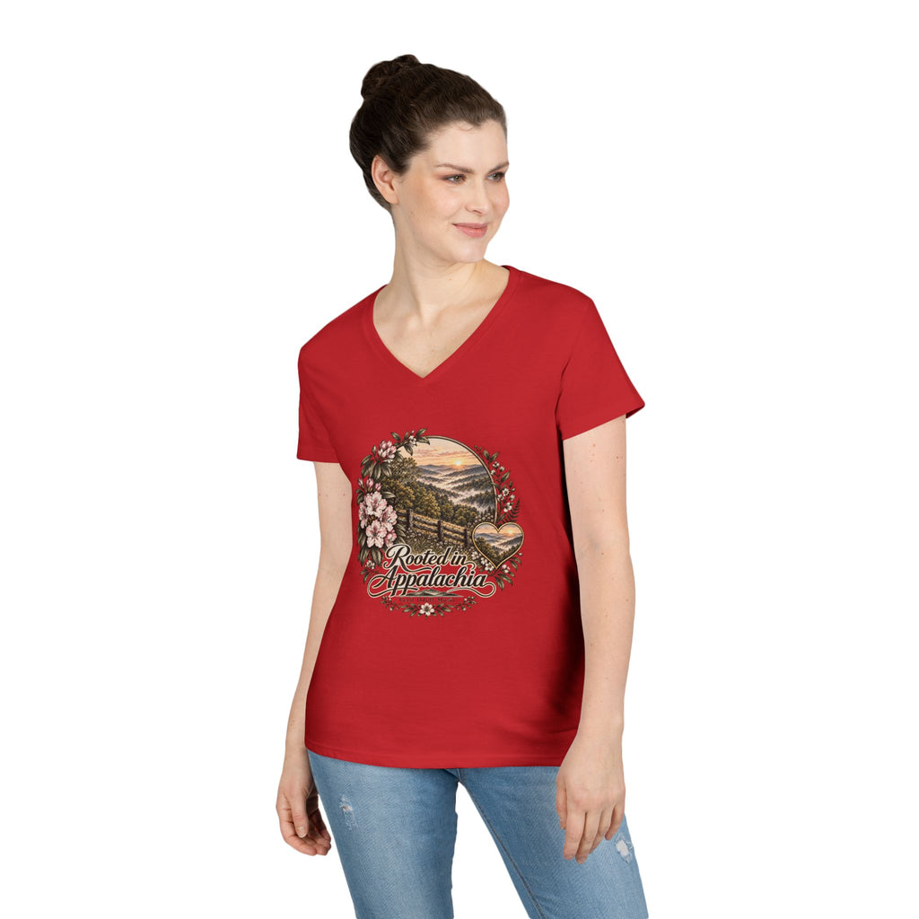Rooted in Appalachia Ladies' V-Neck T-Shirt – Rustic Mountain Floral Tee