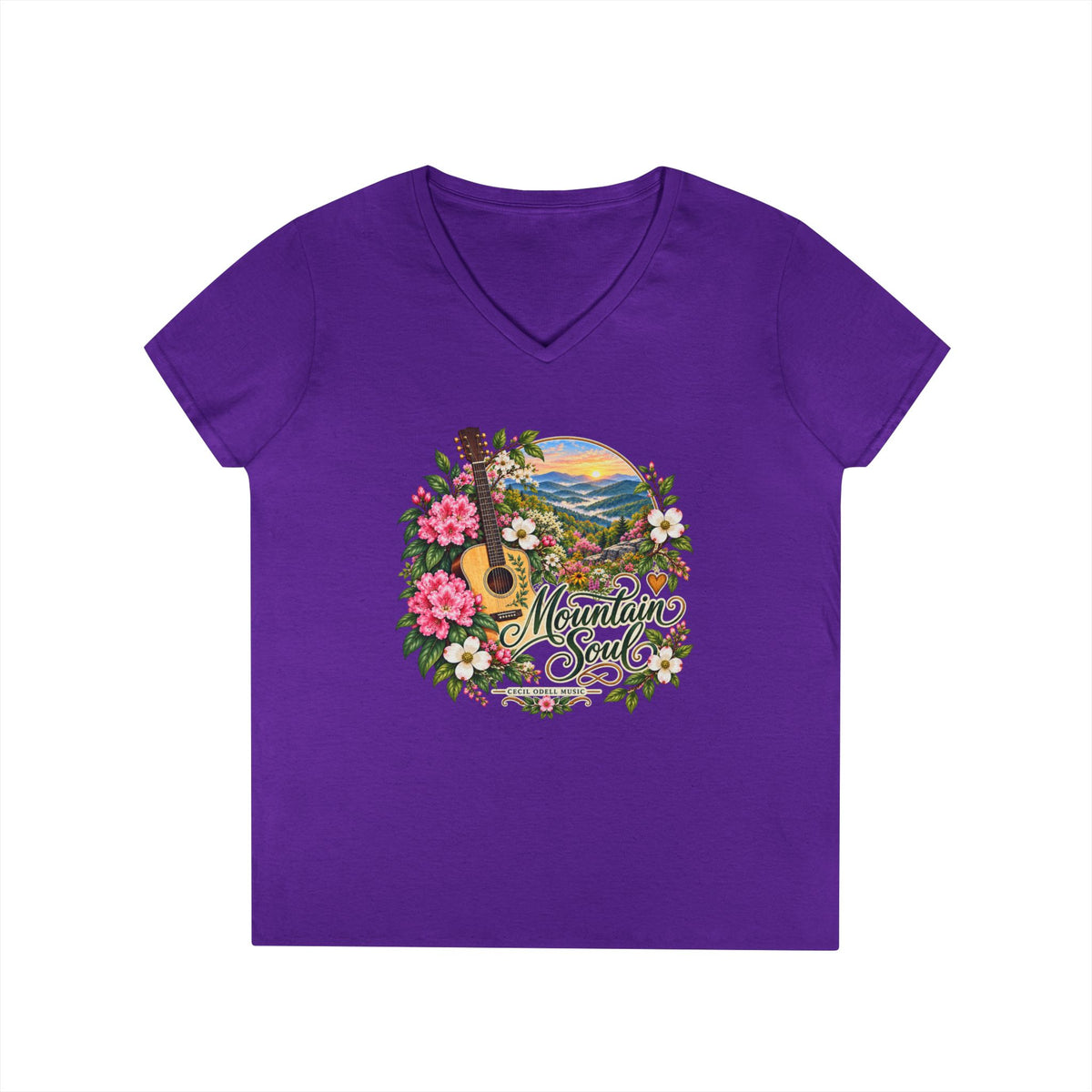 Mountain Soul V-Neck Tee — Floral Guitar Scenic Women's T-Shirt