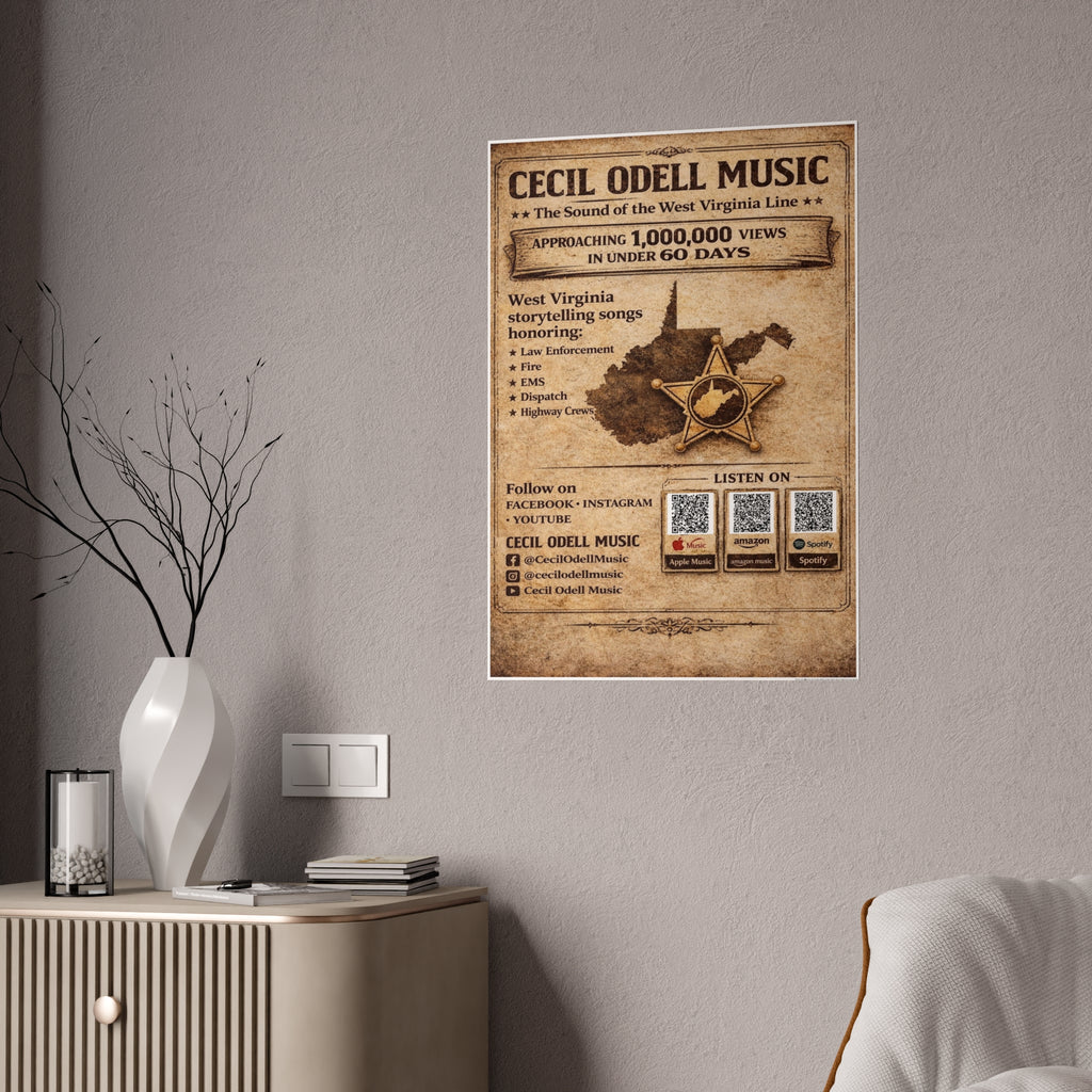 Vintage 'Cecil Odell Music' Gloss Poster: West Virginia Storytelling Music Print