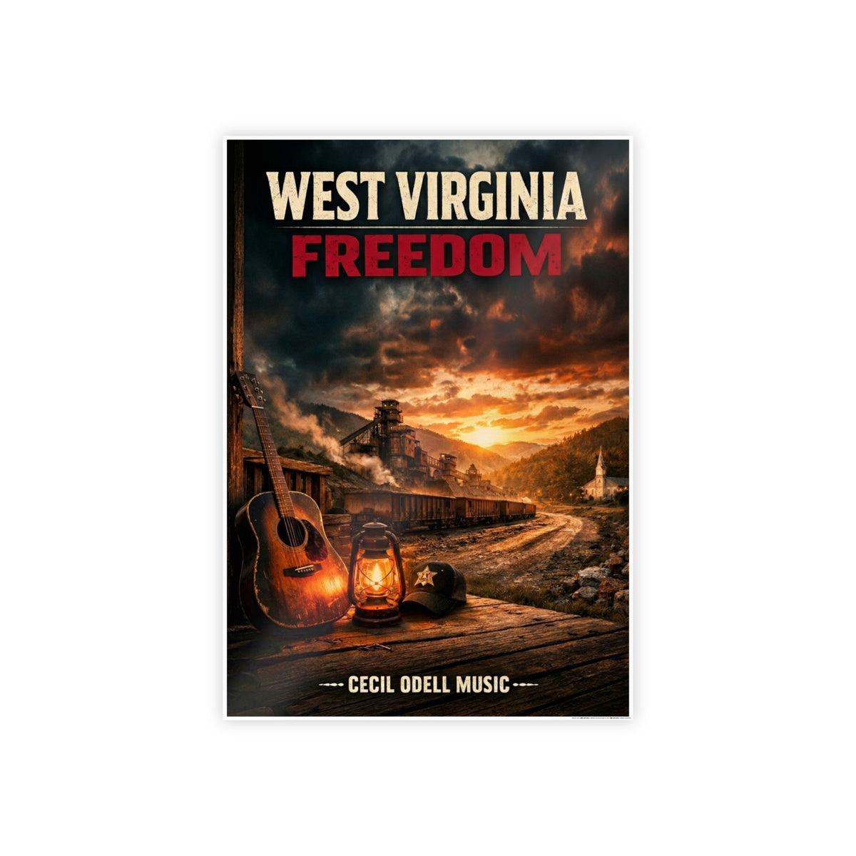 West Virginia Freedom Poster: Rustic Music & Mountain Landscape Print
