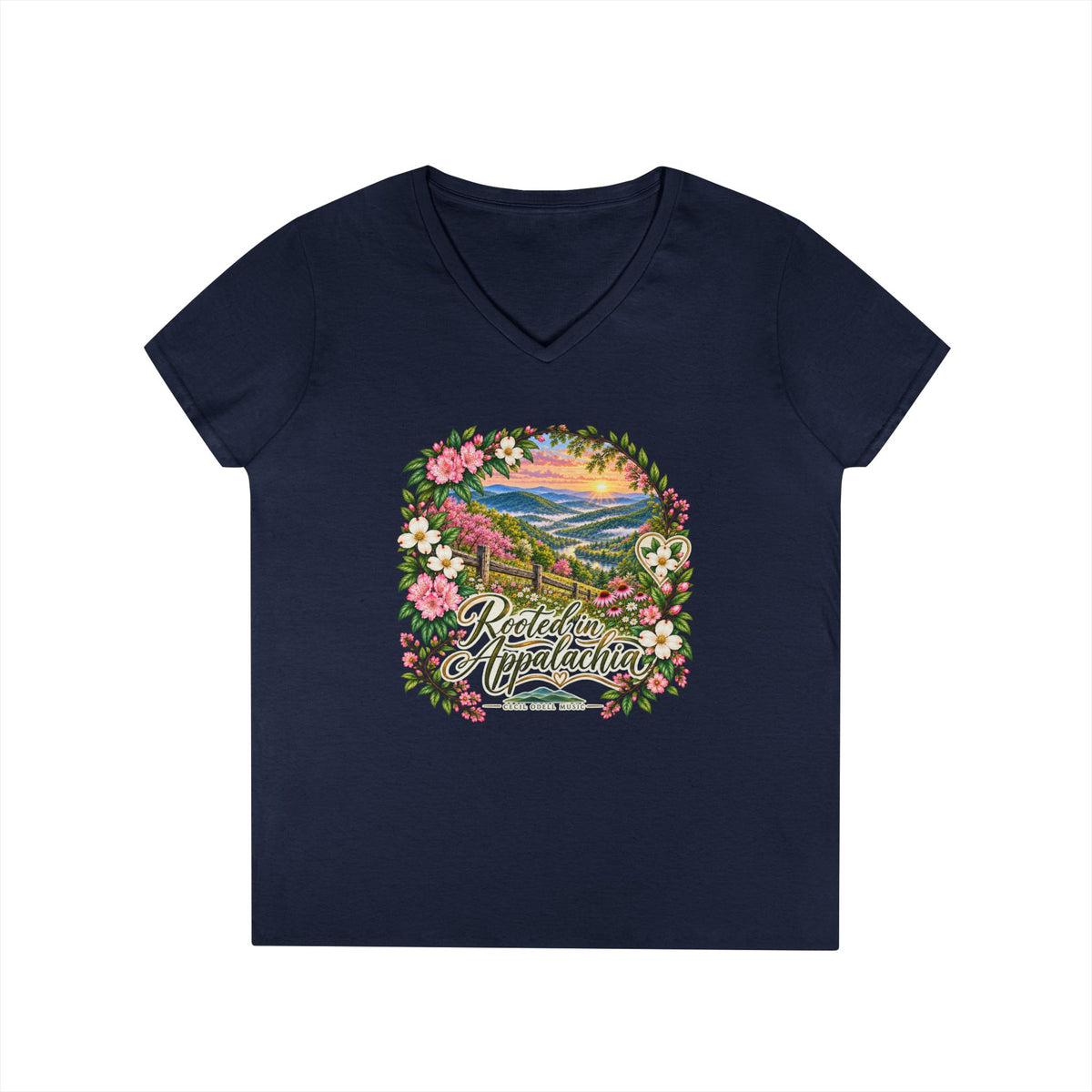 Rooted in Appalachia V-Neck T-Shirt — Scenic Mountain Floral Graphic