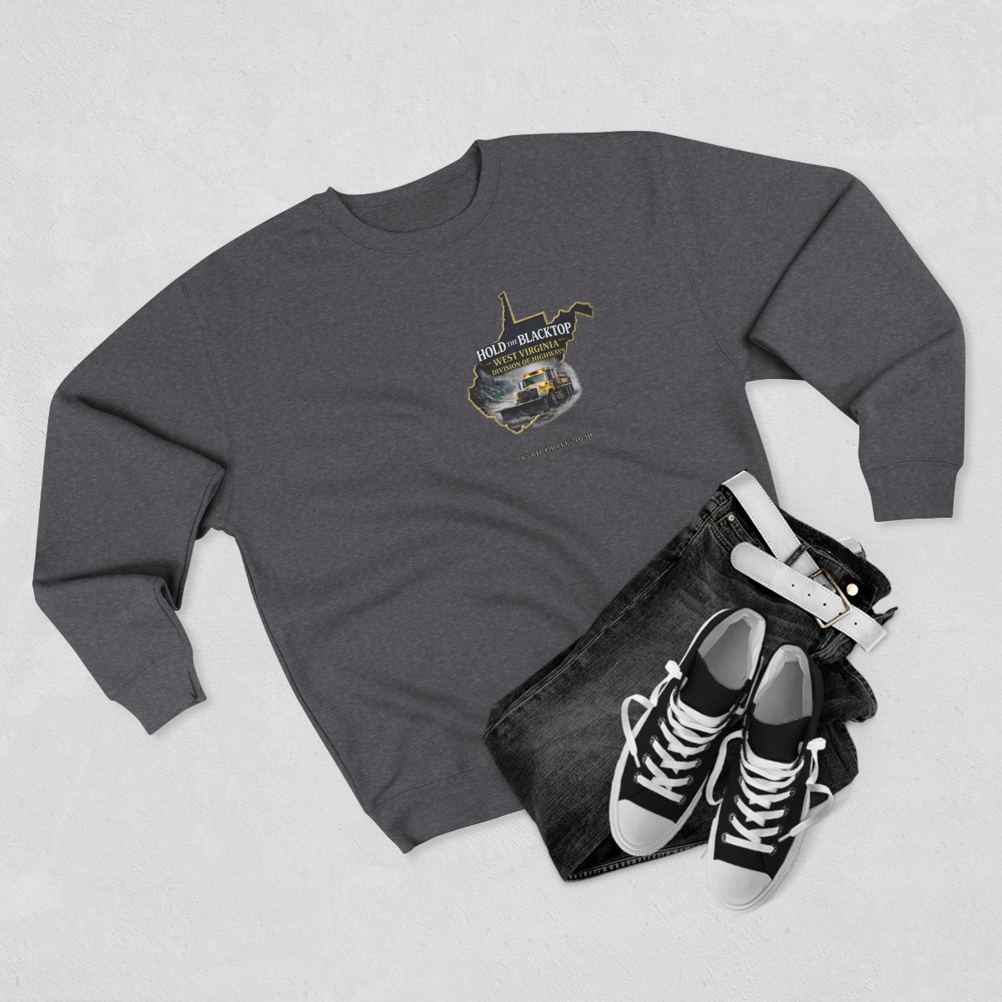 West Virginia Blacktop Crewneck Sweatshirt: 'Hold the Blacktop' State Graphic