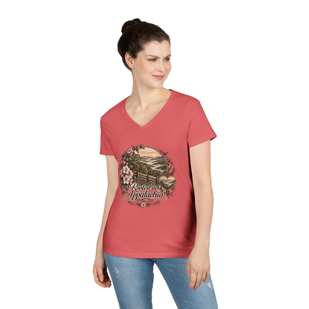 Rooted in Appalachia Ladies' V-Neck T-Shirt – Rustic Mountain Floral Tee