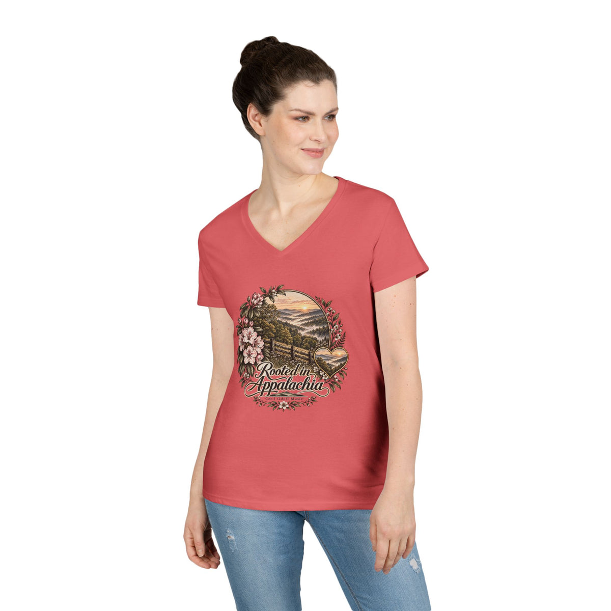 Rooted in Appalachia Ladies' V-Neck T-Shirt – Rustic Mountain Floral Tee