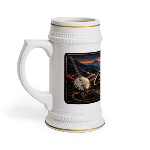 Cecil Odell Music Ceramic Beer Stein: Americana Banjo and Flag Musician Mug