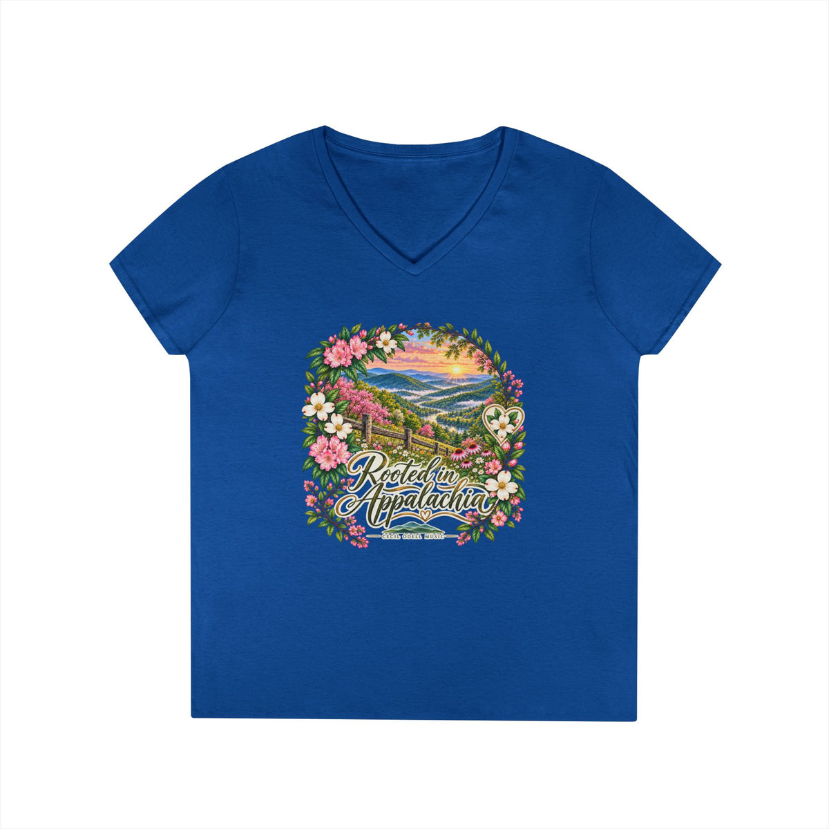 Rooted in Appalachia V-Neck T-Shirt — Scenic Mountain Floral Graphic