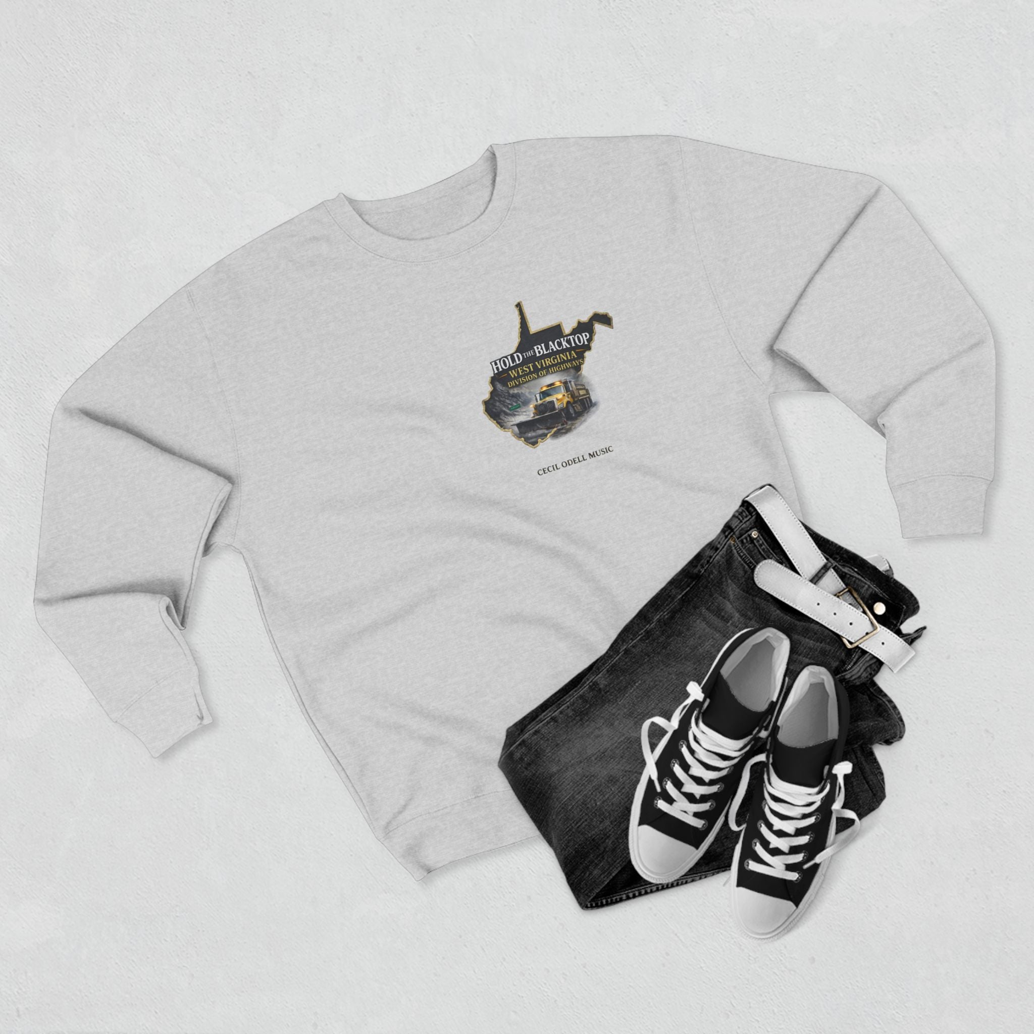 West Virginia Blacktop Crewneck Sweatshirt: 'Hold the Blacktop' State Graphic