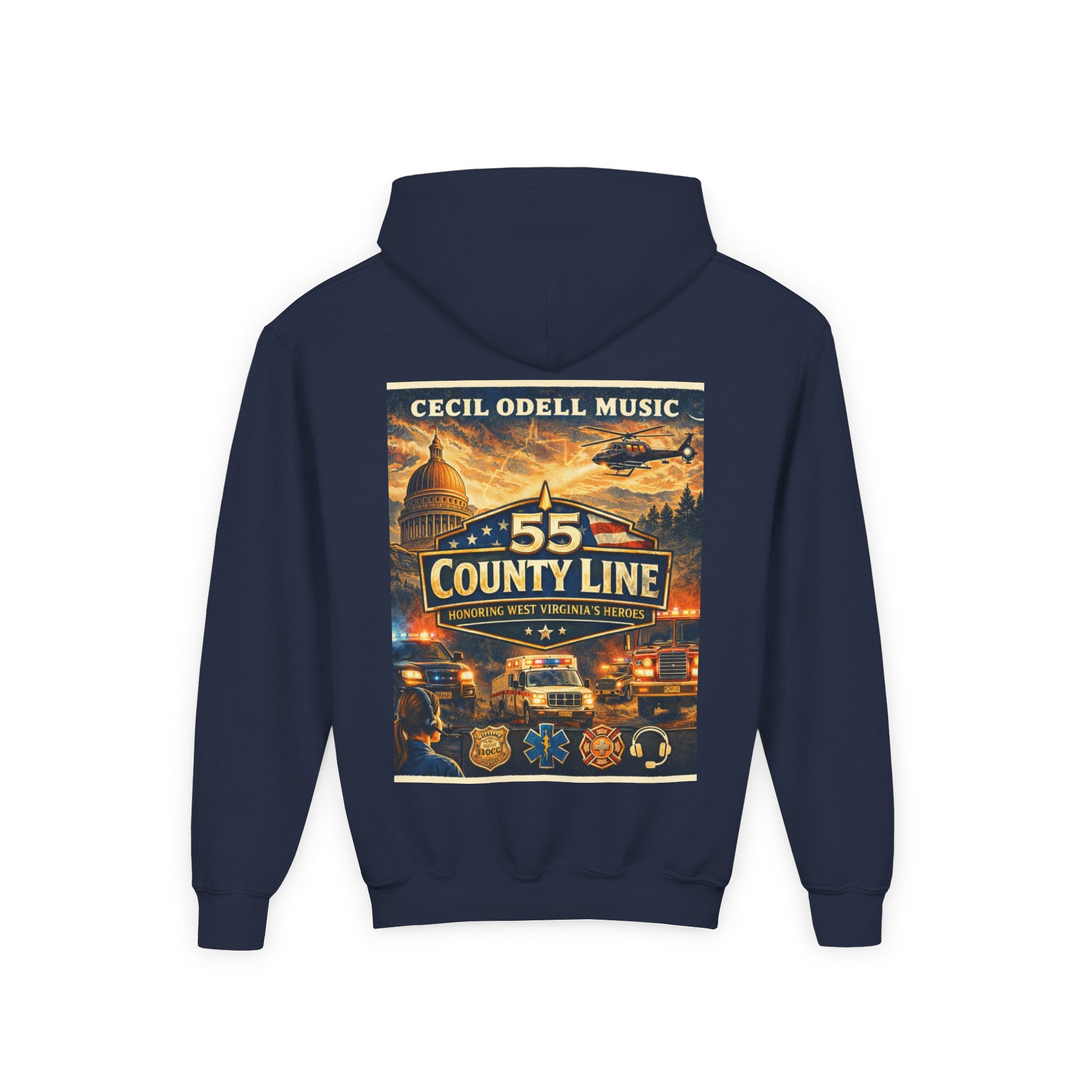 Youth Hoodie - '55 County Line' West Virginia Line Music Graphic Pullover