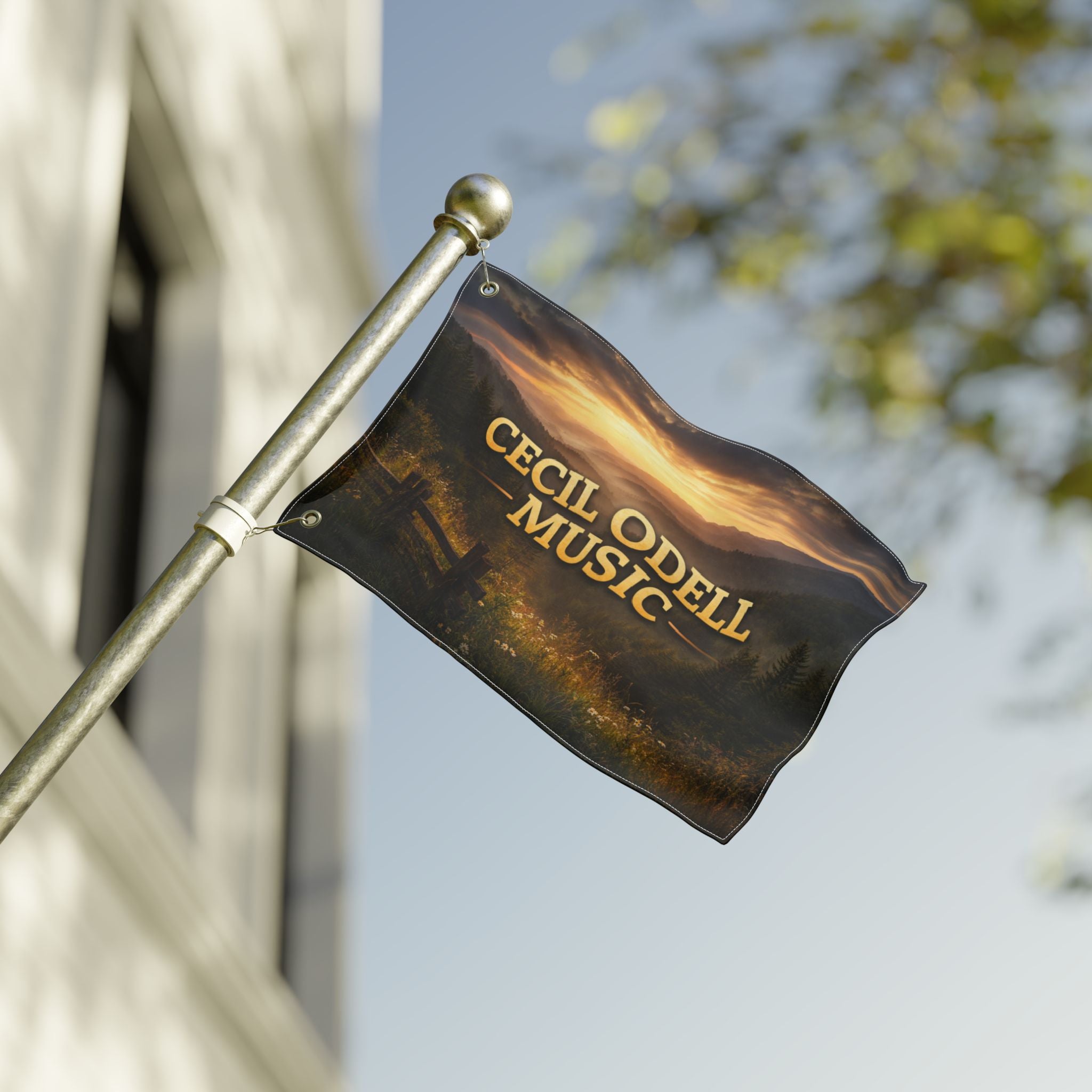 Cecil Odell Music Outdoor Double-Sided Flag: Sunset Mountain Banner for Musicians & Events