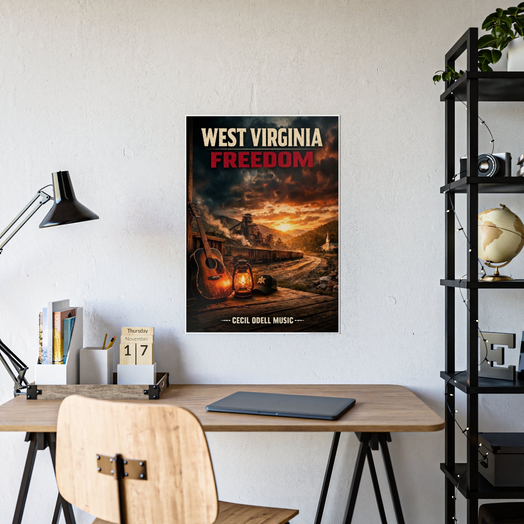 West Virginia Freedom Poster: Rustic Music & Mountain Landscape Print