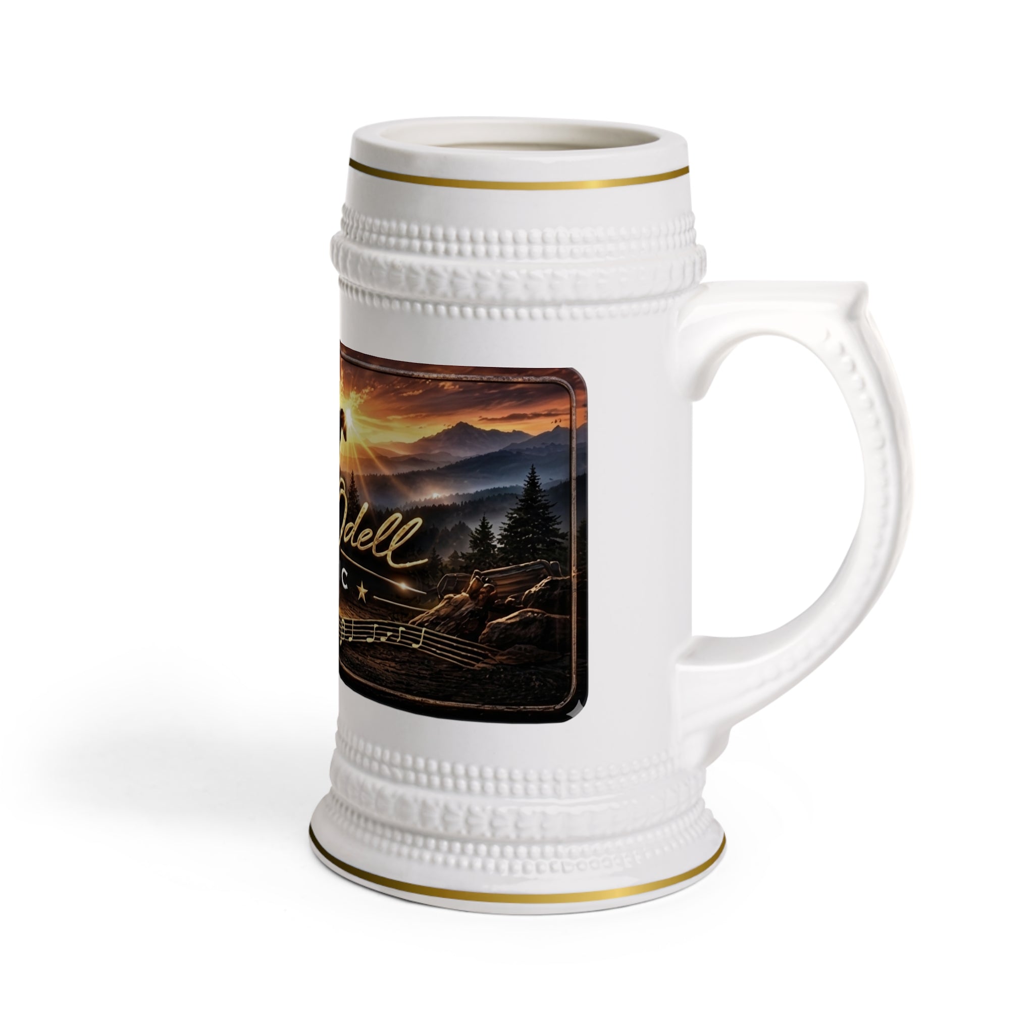 Cecil Odell Music Ceramic Beer Stein: Americana Banjo & Flag Musician Mug